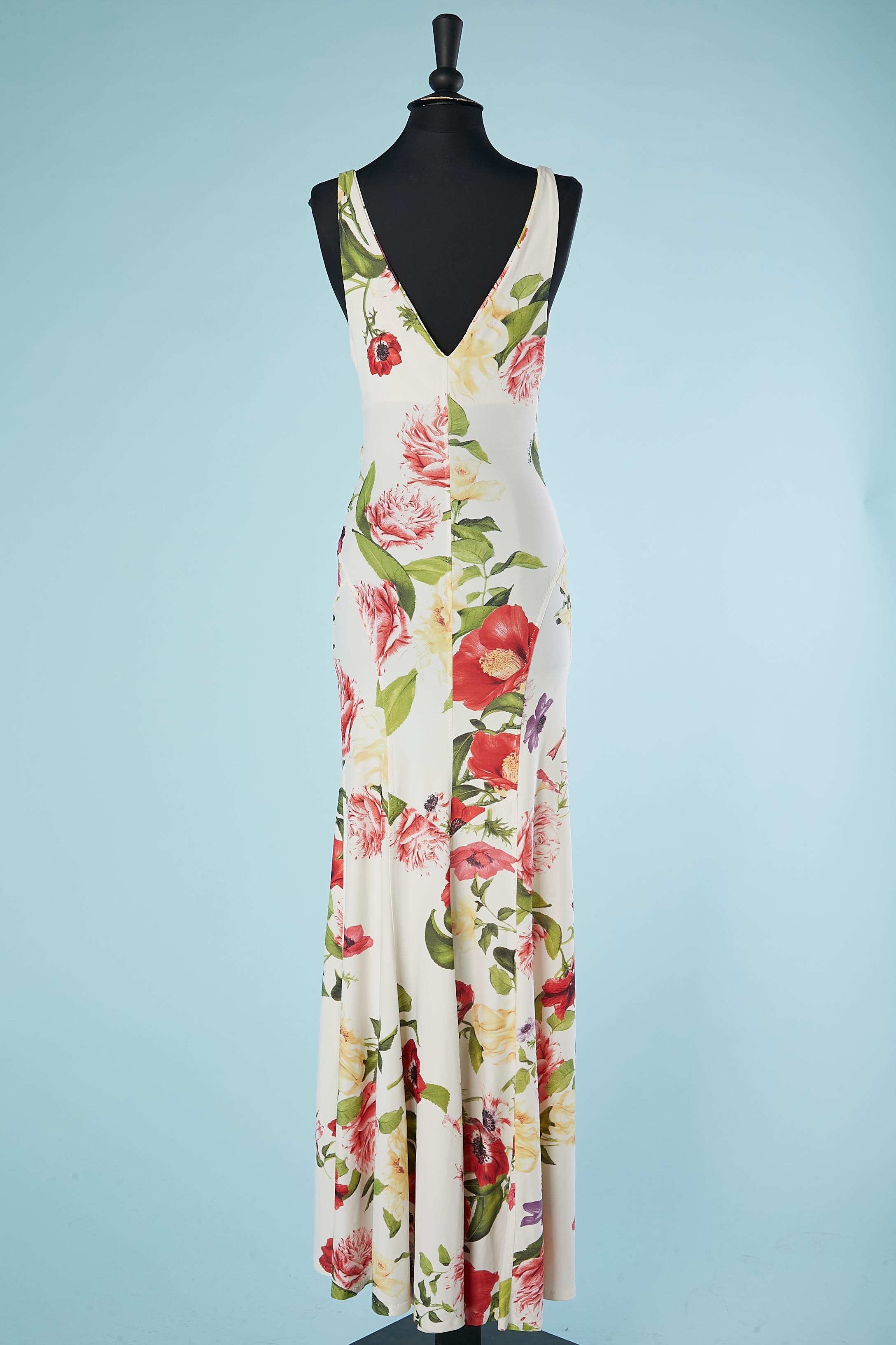 Flower printed jersey evening dress with rhinestone brooch Roberto Cavalli  For Sale 1