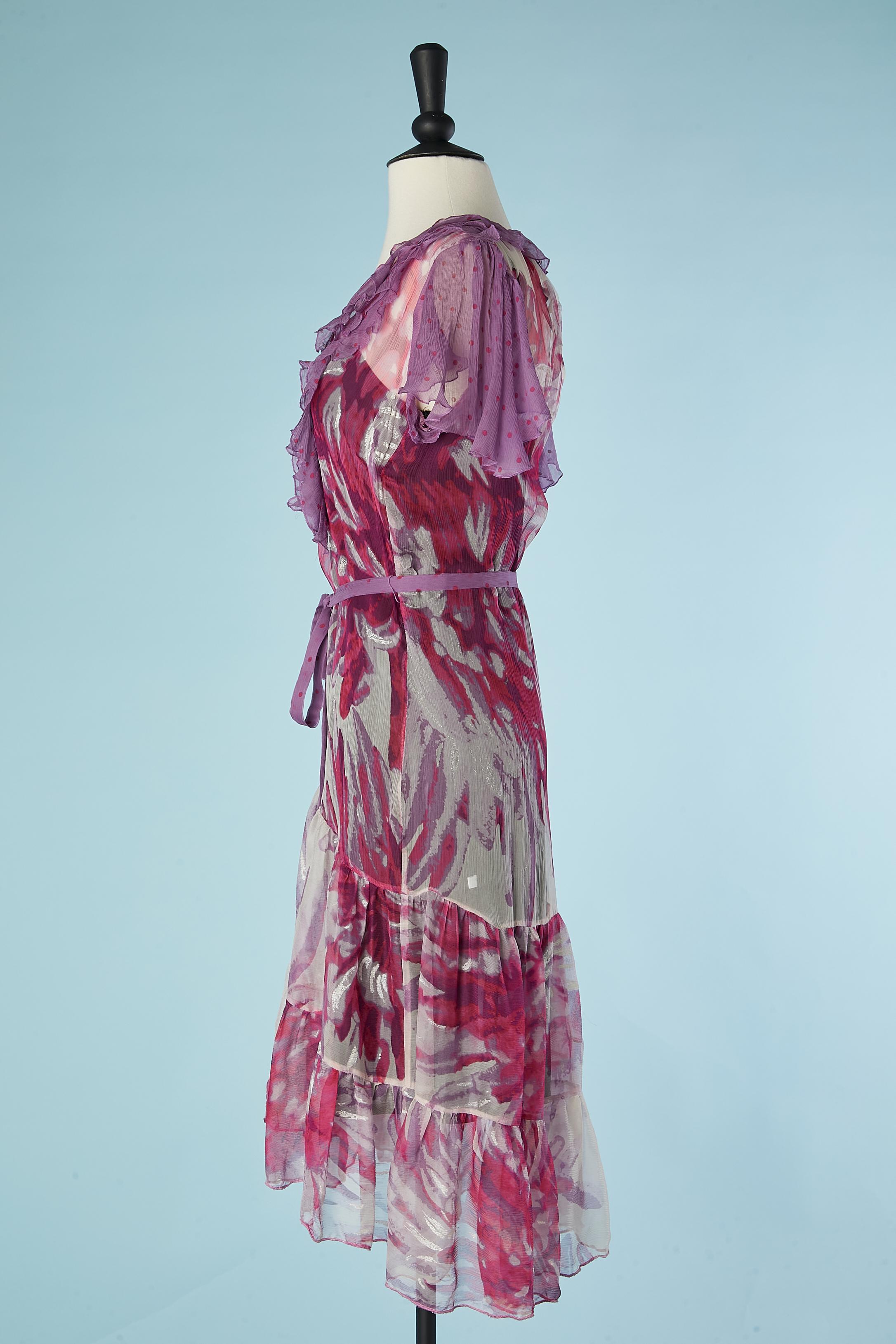 Women's Flower printed silk chiffon cocktail dress with ruffles Just Cavalli  For Sale