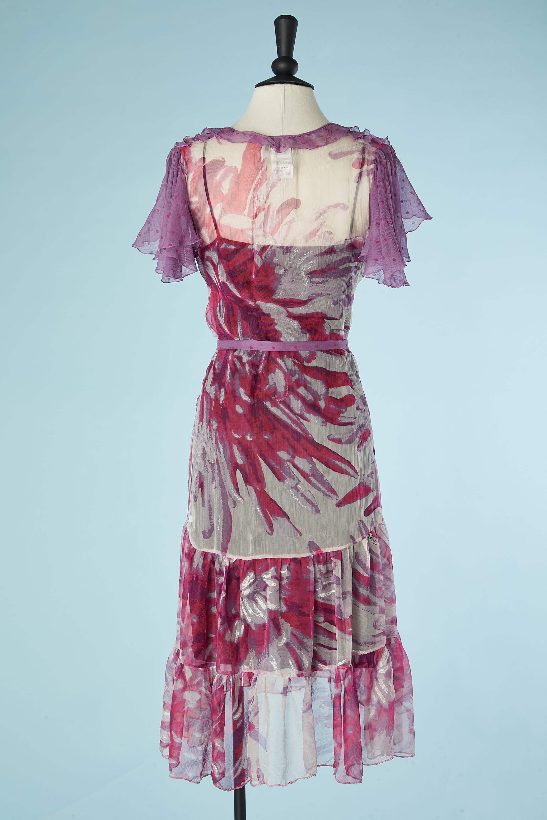 Flower printed silk chiffon cocktail dress with ruffles Just Cavalli  For Sale 1