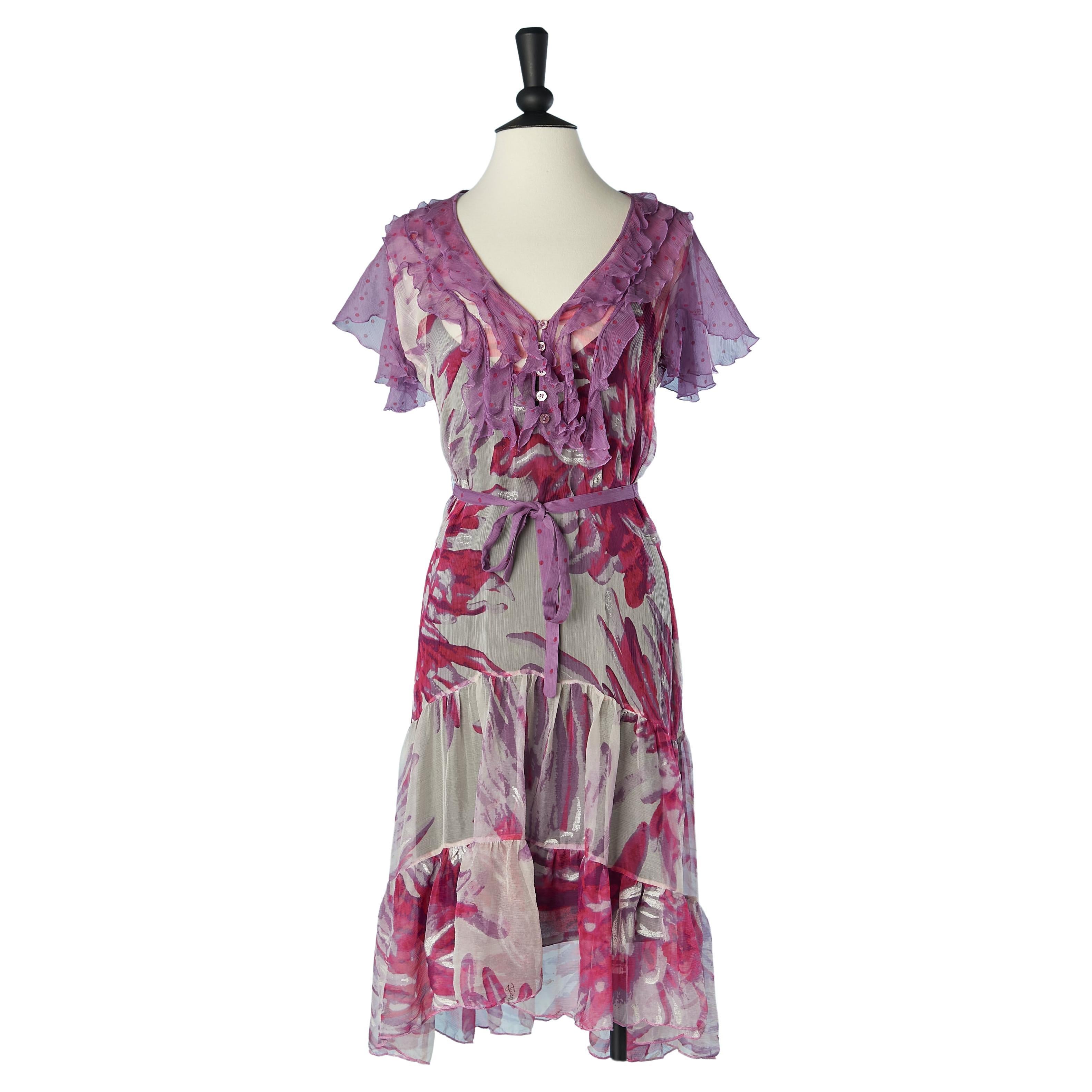 Flower printed silk chiffon cocktail dress with ruffles Just Cavalli  For Sale