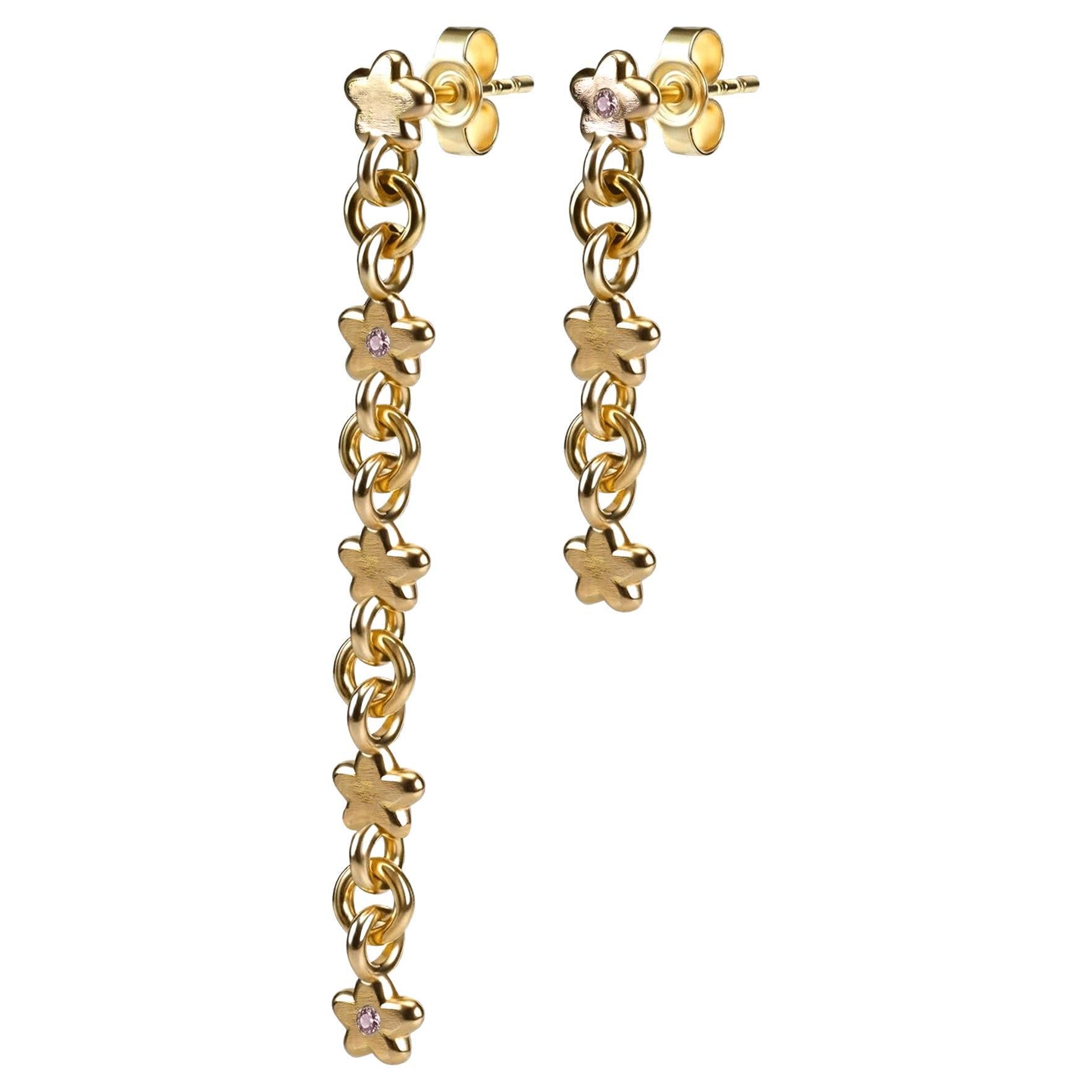 Orecchini Flower Rain, zaffiri rosa e oro giallo 14K in vendita