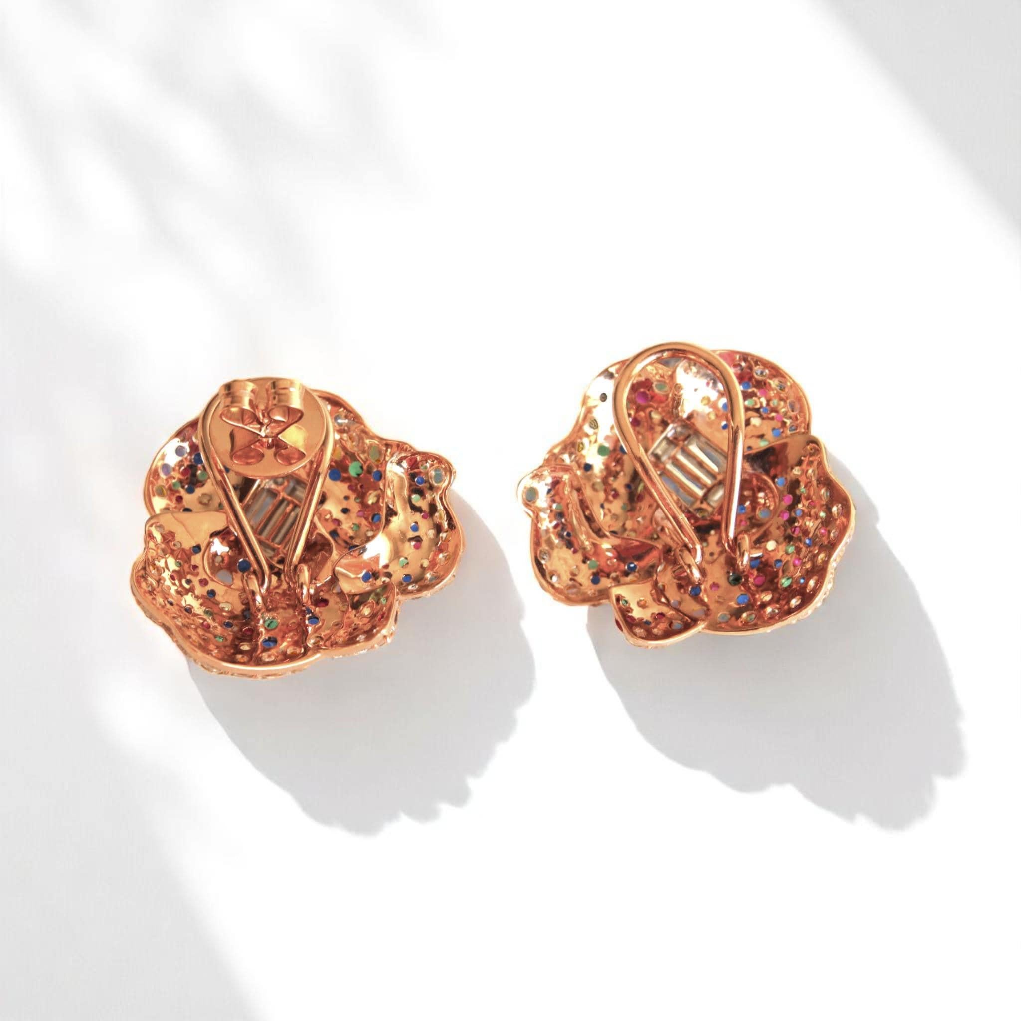 Boucles d'oreilles en or massif 14k (certifié) avec diamants Rainbow Diamonds en forme de fleur Pour femmes en vente