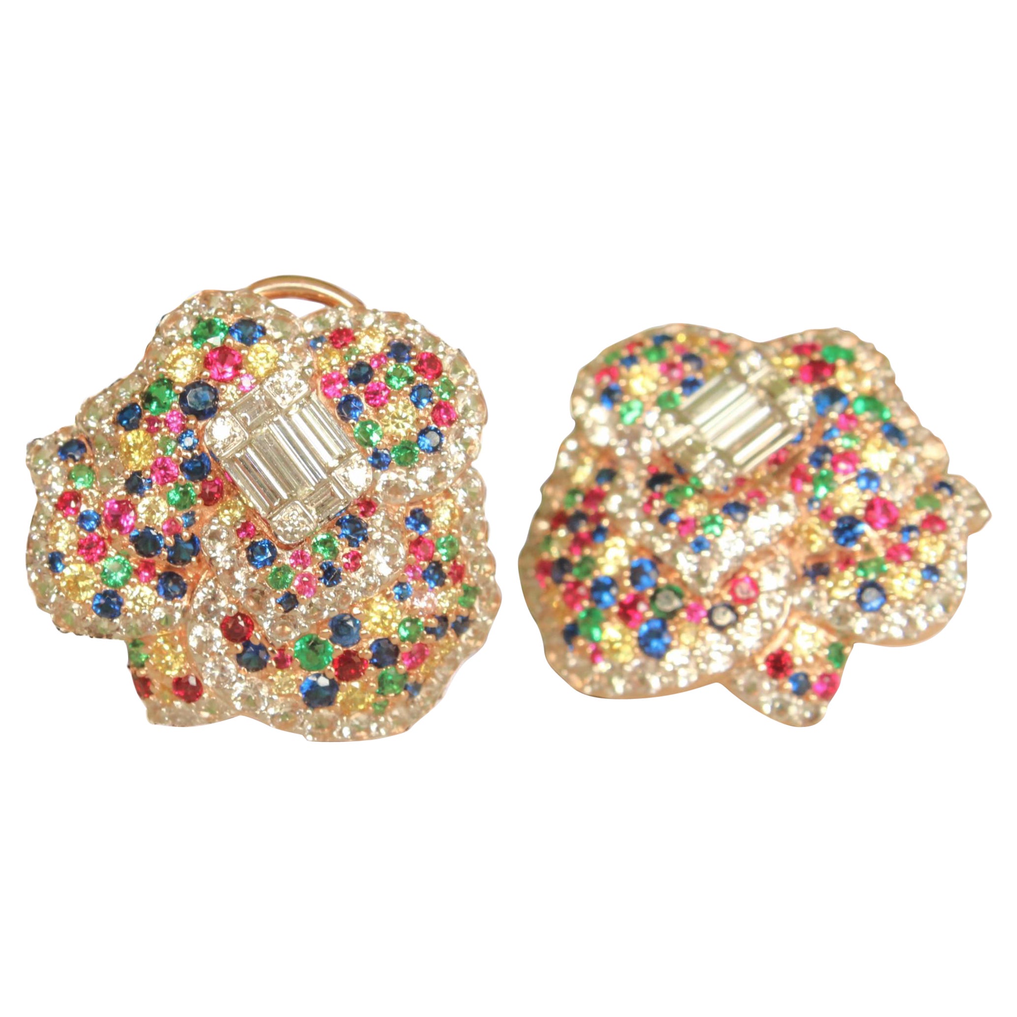 Flower Rainbow Diamond Stud Earrings in 14k Solid Gold (Certified)