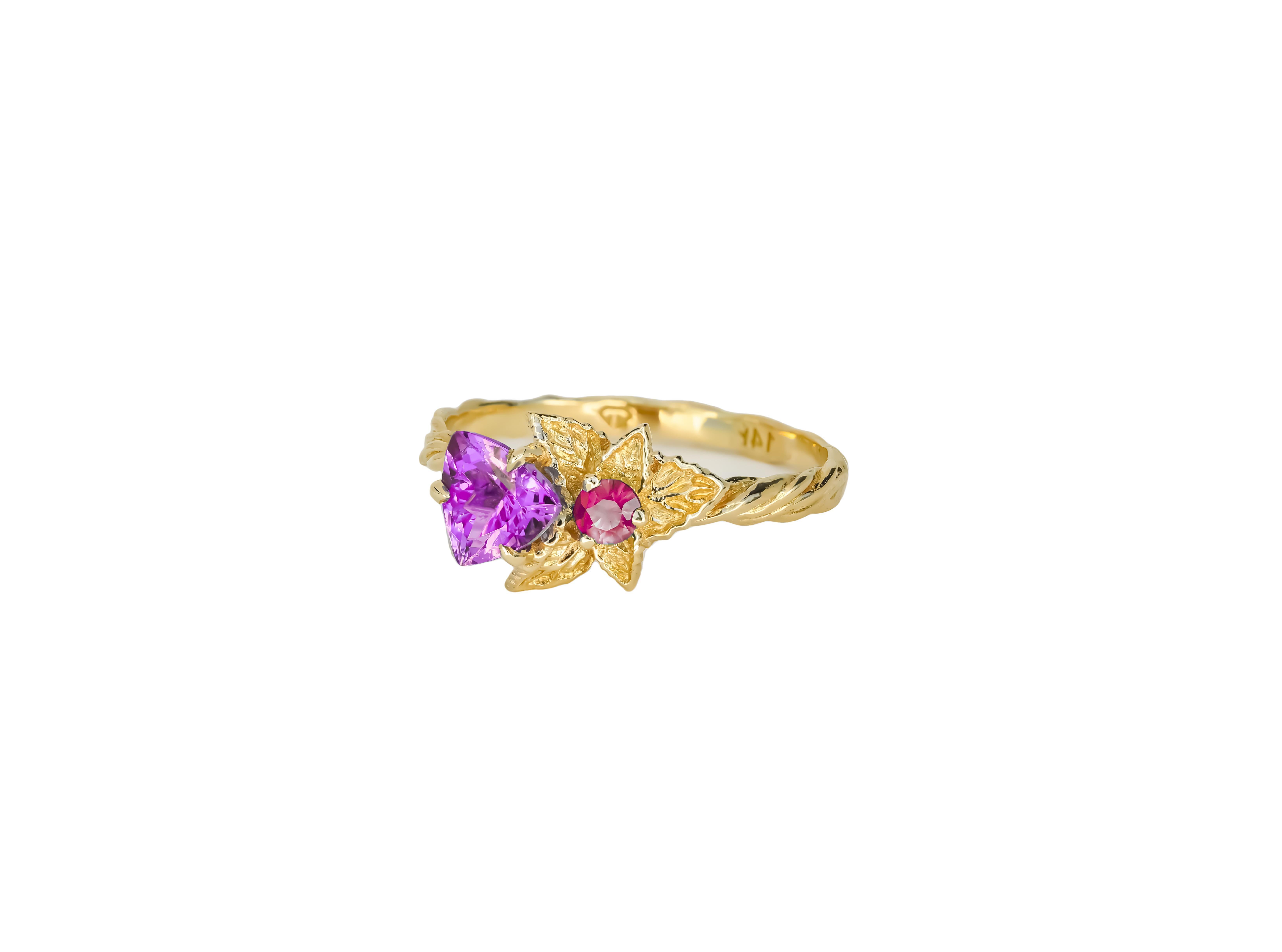 For Sale:  Flower red purple gemstone 14k gold ring 2