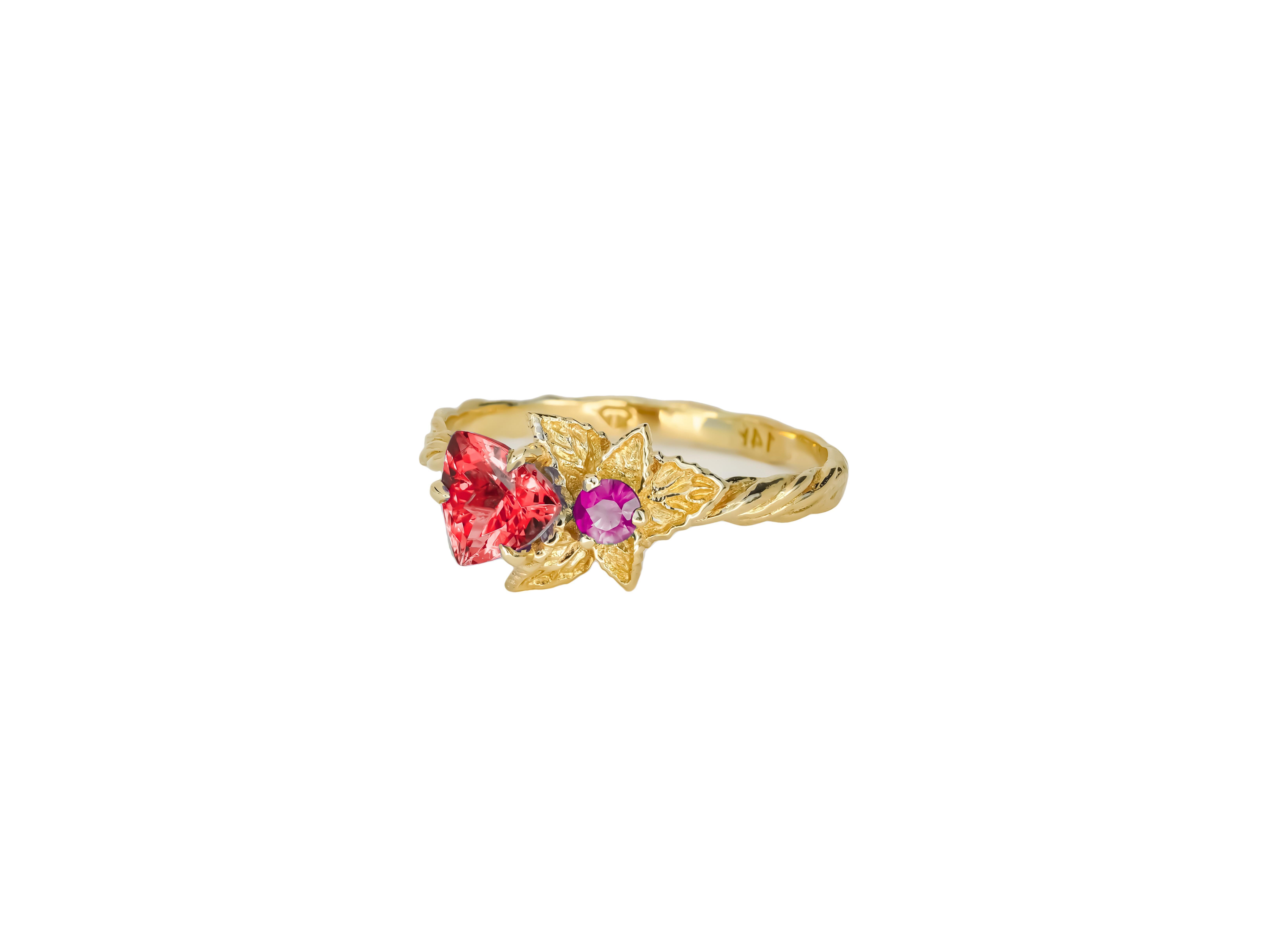 For Sale:  Flower red, purple gemstone 14k gold ring 2