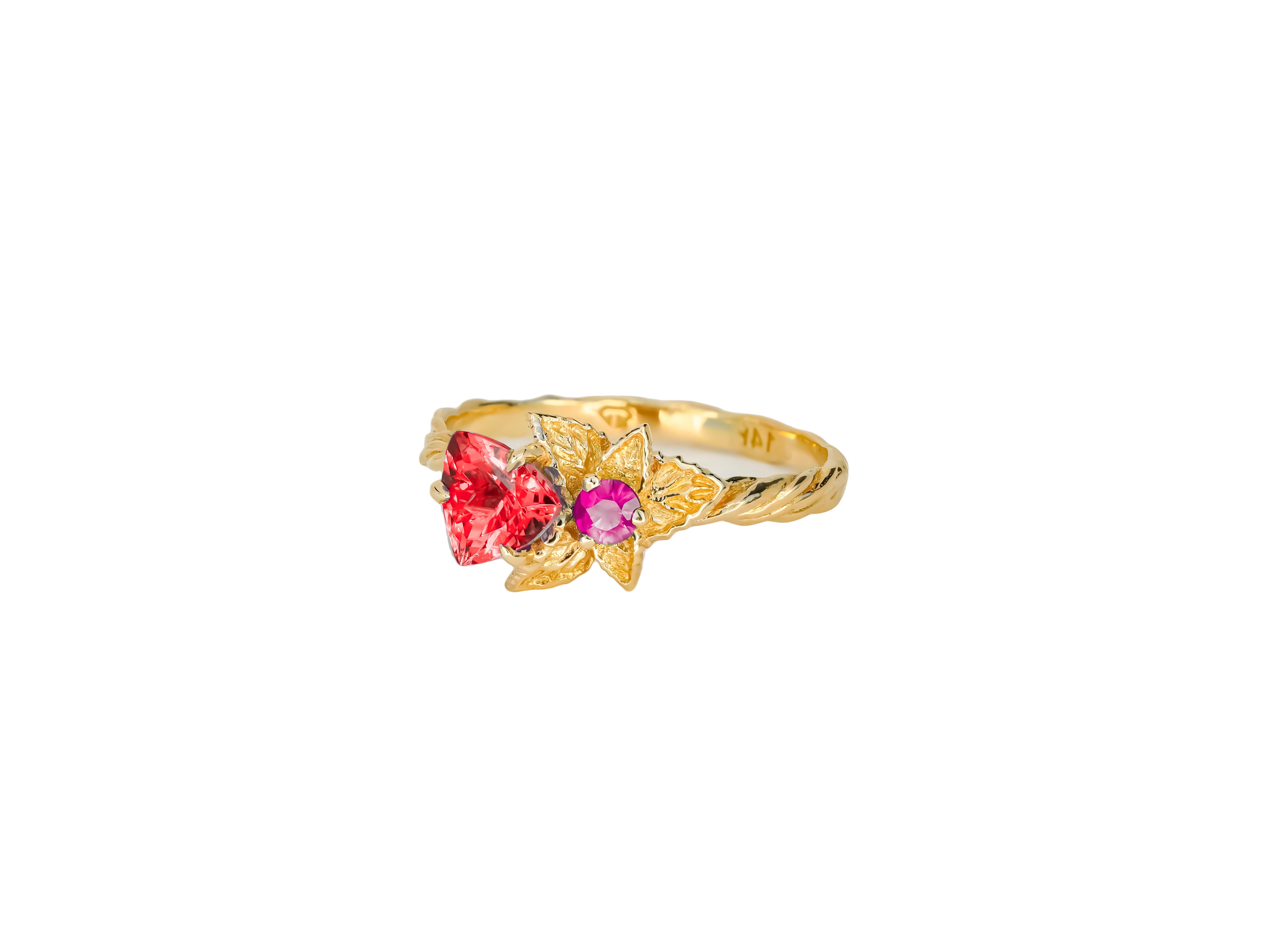 For Sale:  Flower red, purple gemstone 14k gold ring. 3