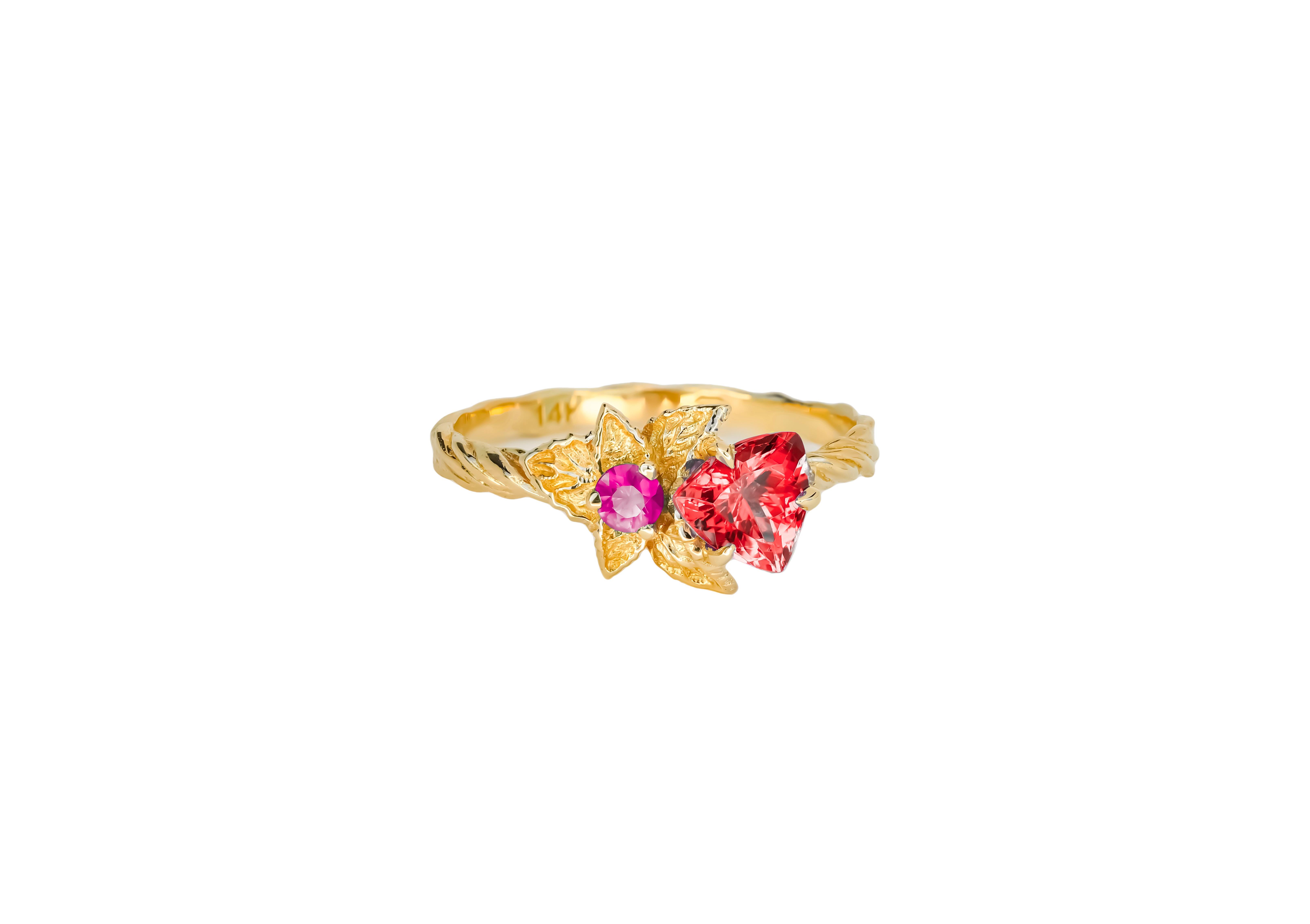 Trillion Cut Flower red, purple gemstone 14k gold ring. For Sale