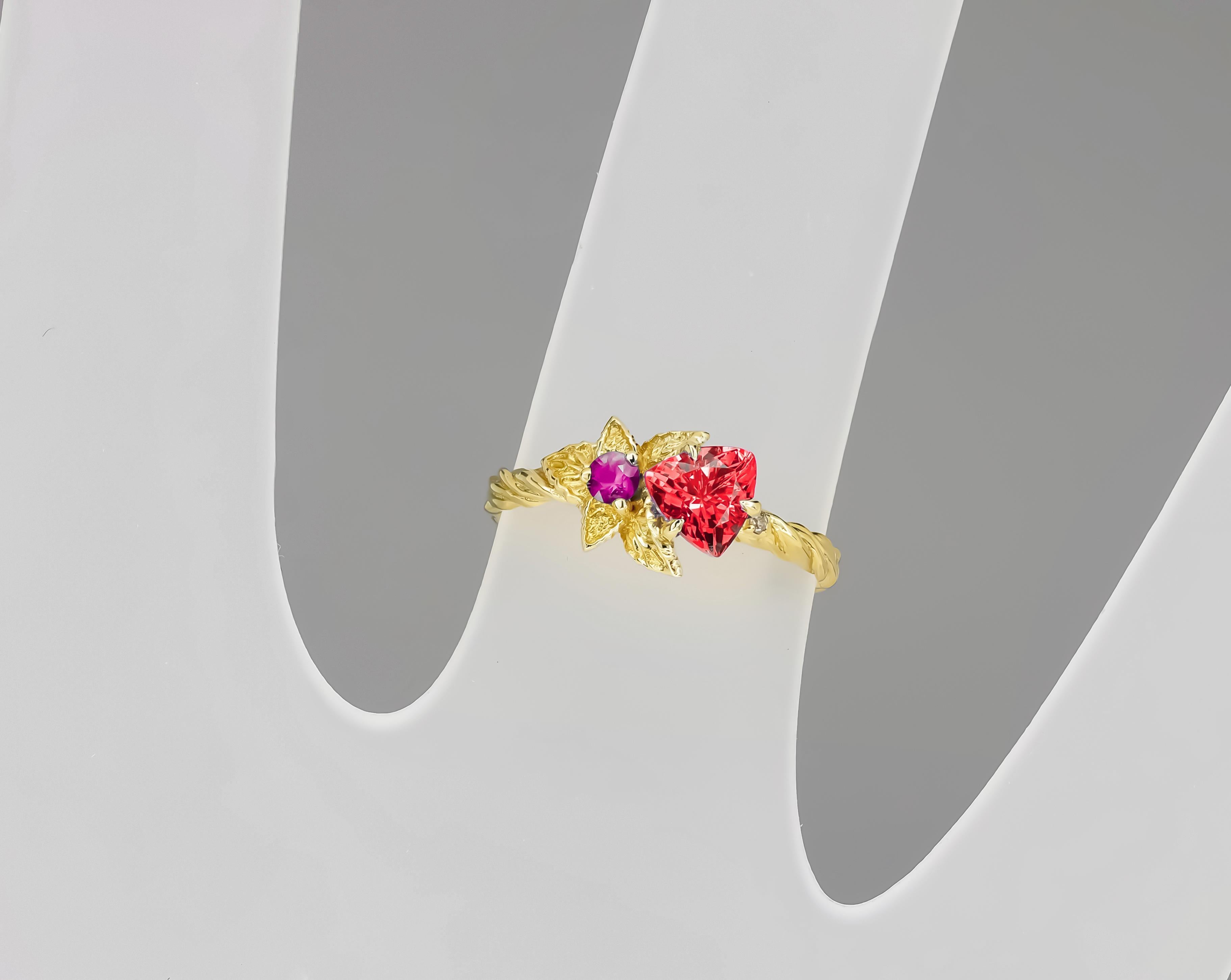 For Sale:  Flower red, purple gemstone 14k gold ring 5