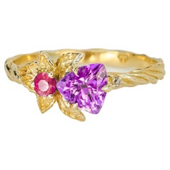Blume rot lila Edelstein 14k Gold Ring