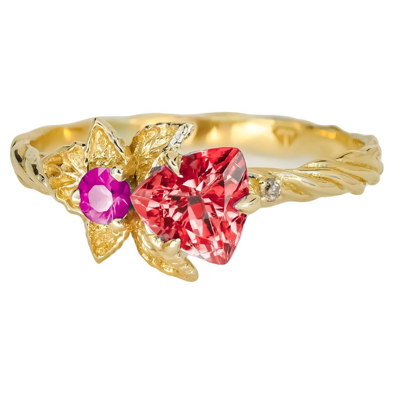 Flower red, purple gemstone 14k gold ring