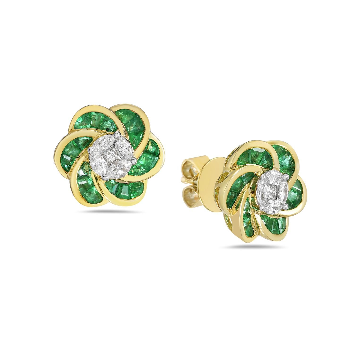 Contemporary Flower Resembling Shaped Studs With Emerald & Diamonds Made In 18k Gold
