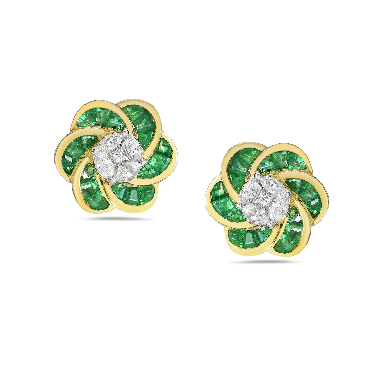 Mixed Cut Flower Resembling Shaped Studs With Emerald & Diamonds Made In 18k Gold