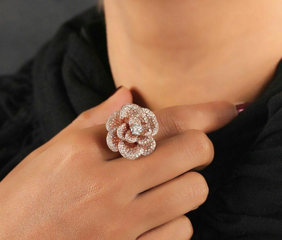 Round Cut Pave Diamond Rose Flower Ring in 14k Rose Gold For Sale