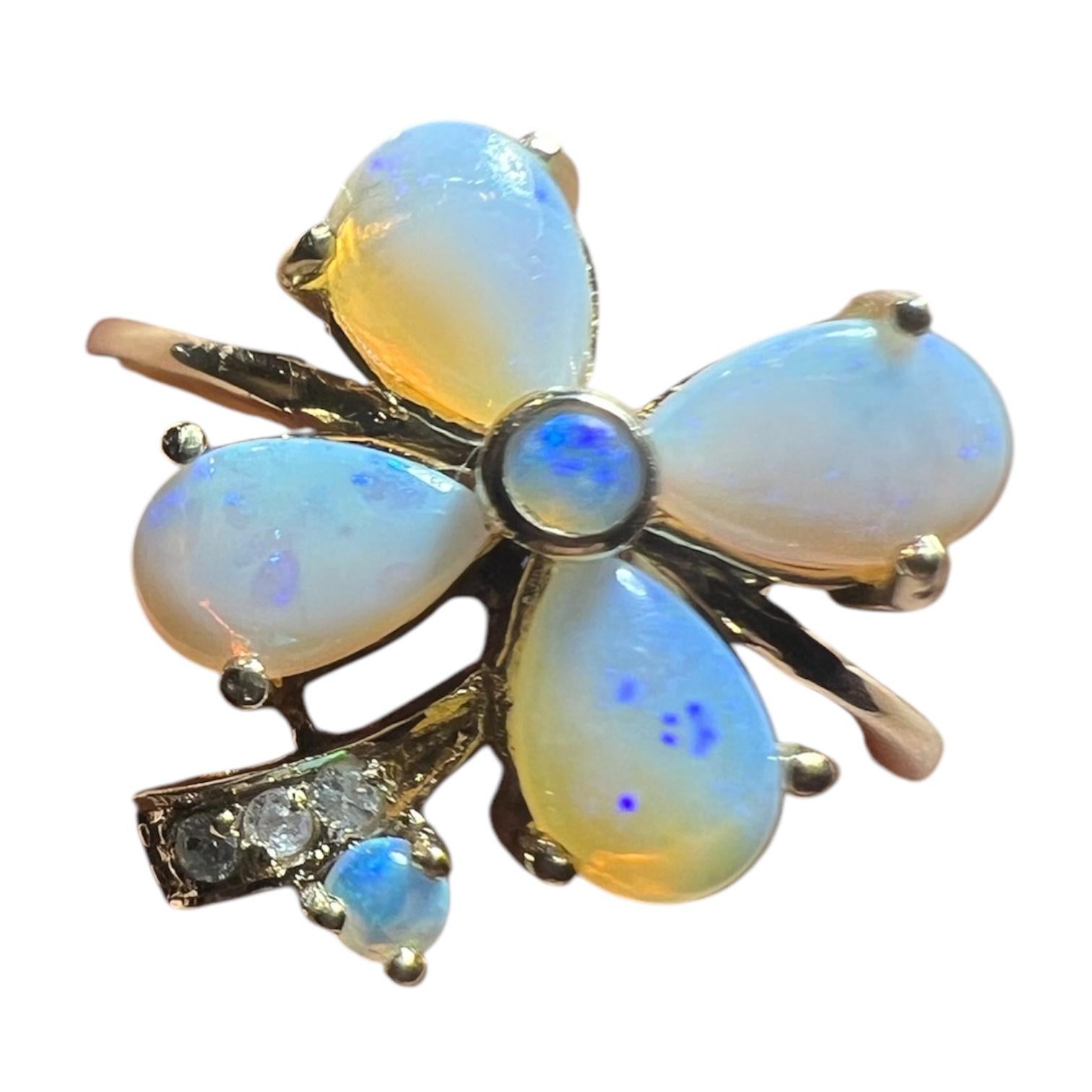 Art Deco Flower” Ring 9 Carat Yellow Gold Opals And Diamonds For Sale