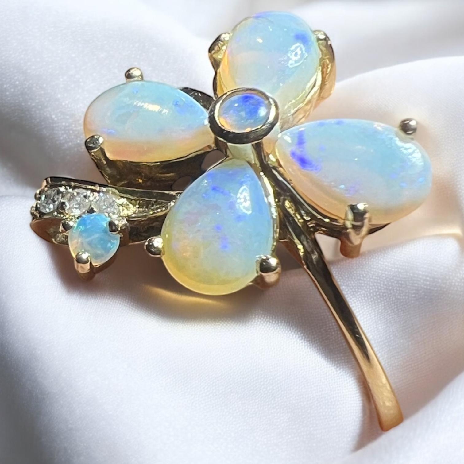 Cabochon Flower” Ring 9 Carat Yellow Gold Opals And Diamonds For Sale