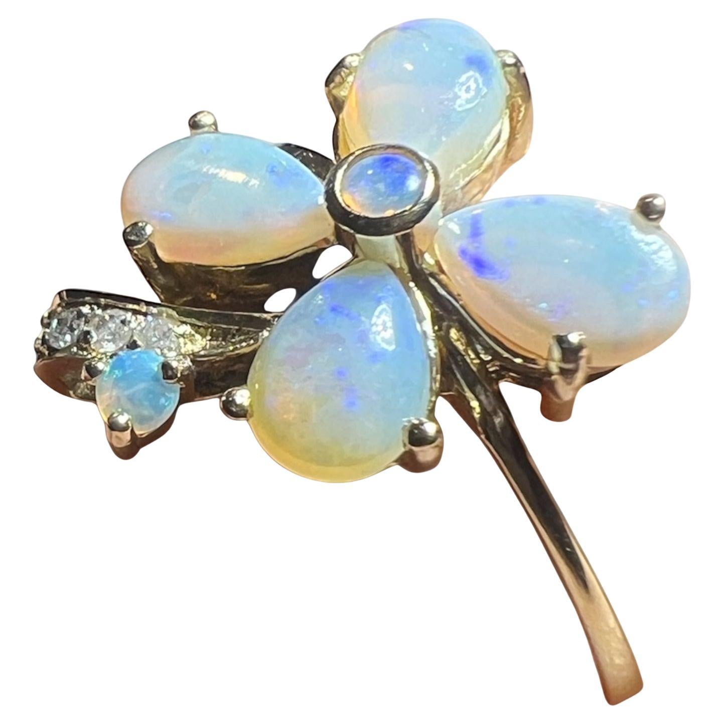 Flower” Ring 9 Carat Yellow Gold Opals And Diamonds