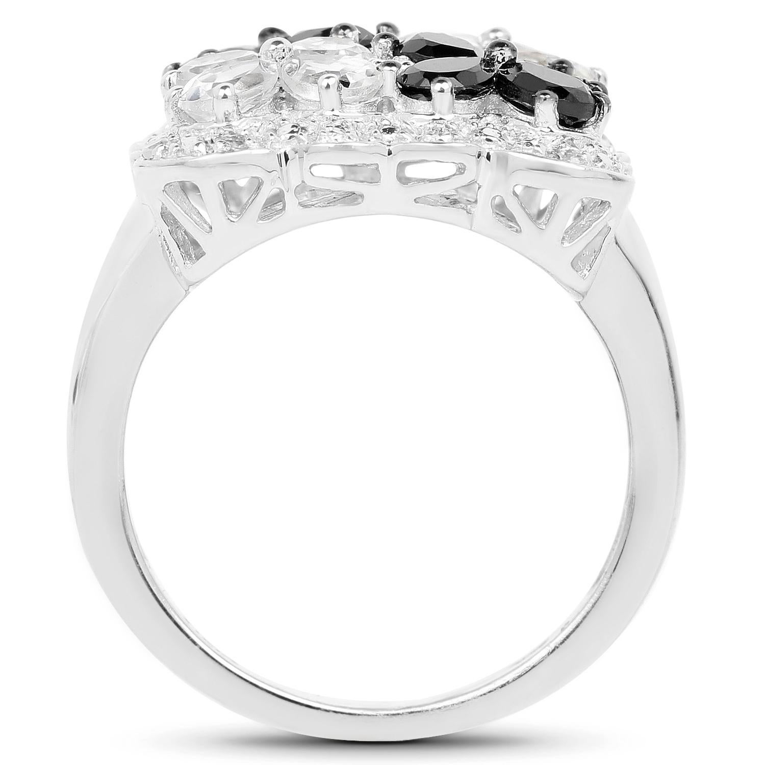 Contemporary Flower Ring Black Spinels White Topazes 2.86 Carats Sterling Silver For Sale