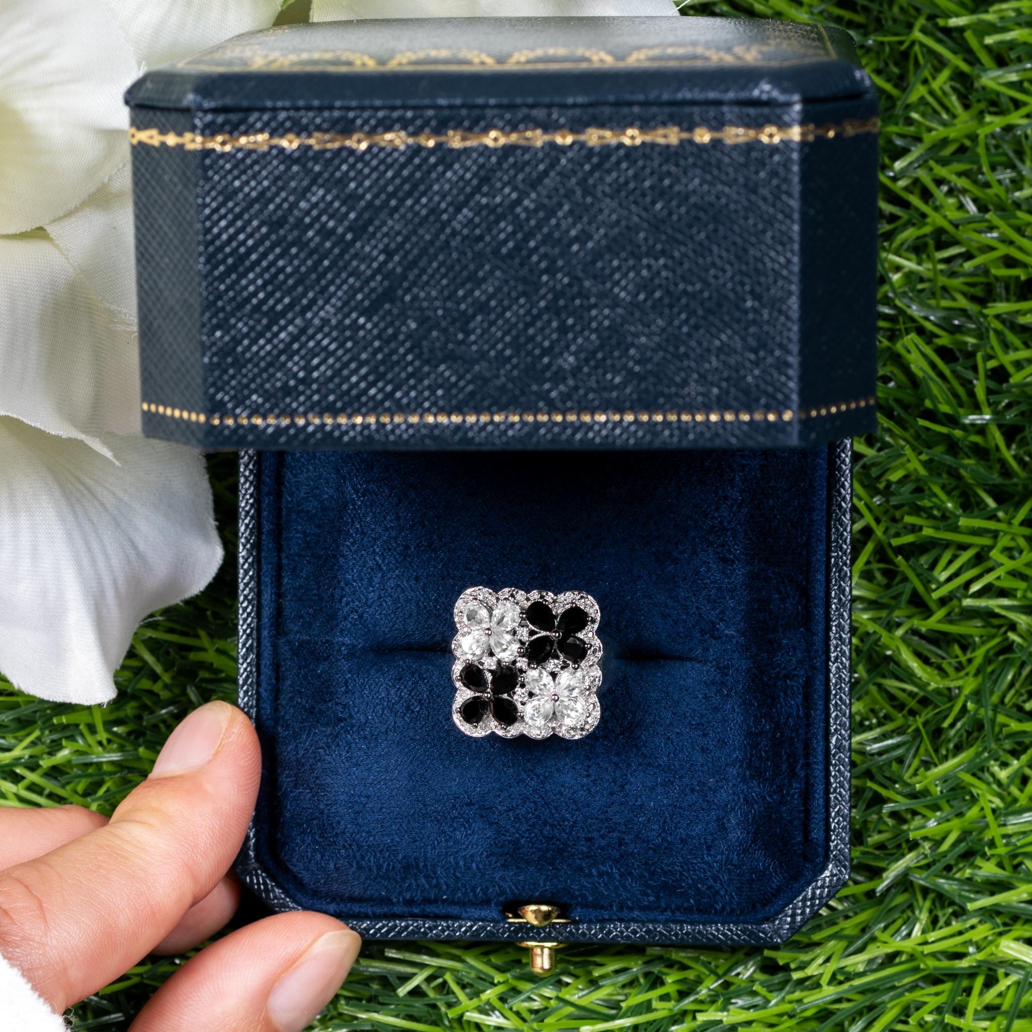 Contemporary Flower Ring Black Spinels White Topazes 2.86 Carats Sterling Silver For Sale