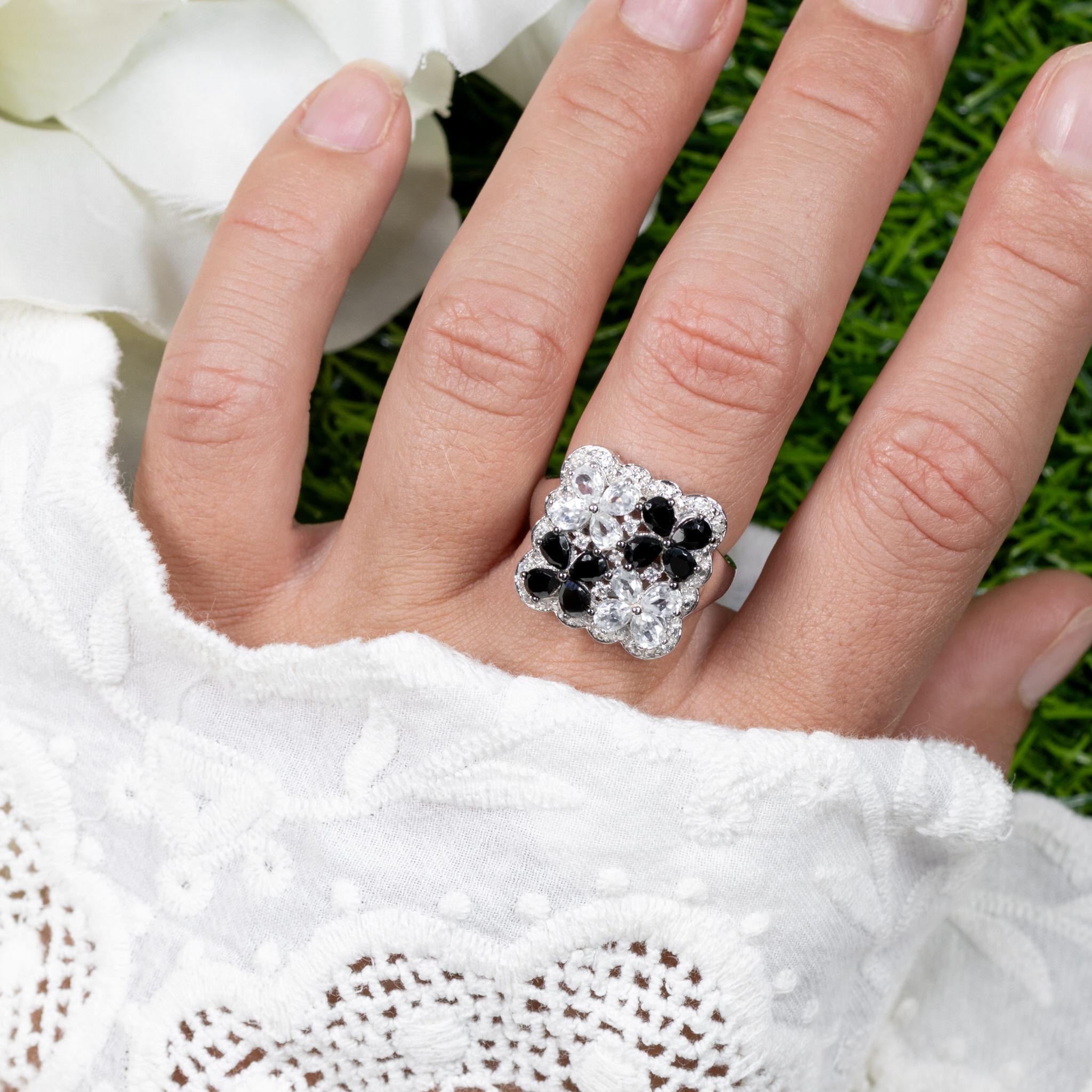 Pear Cut Flower Ring Black Spinels White Topazes 2.86 Carats Sterling Silver For Sale