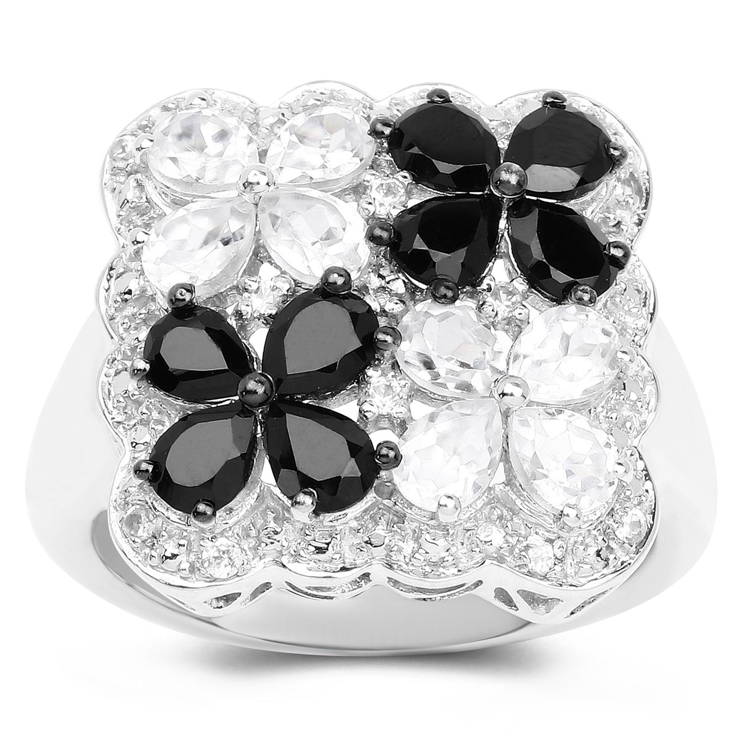 Flower Ring Black Spinels White Topazes 2.86 Carats Sterling Silver In Excellent Condition For Sale In Aliso Viejo, CA