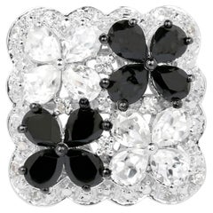 Flower Ring Black Spinels White Topazes 2.86 Carats Sterling Silver