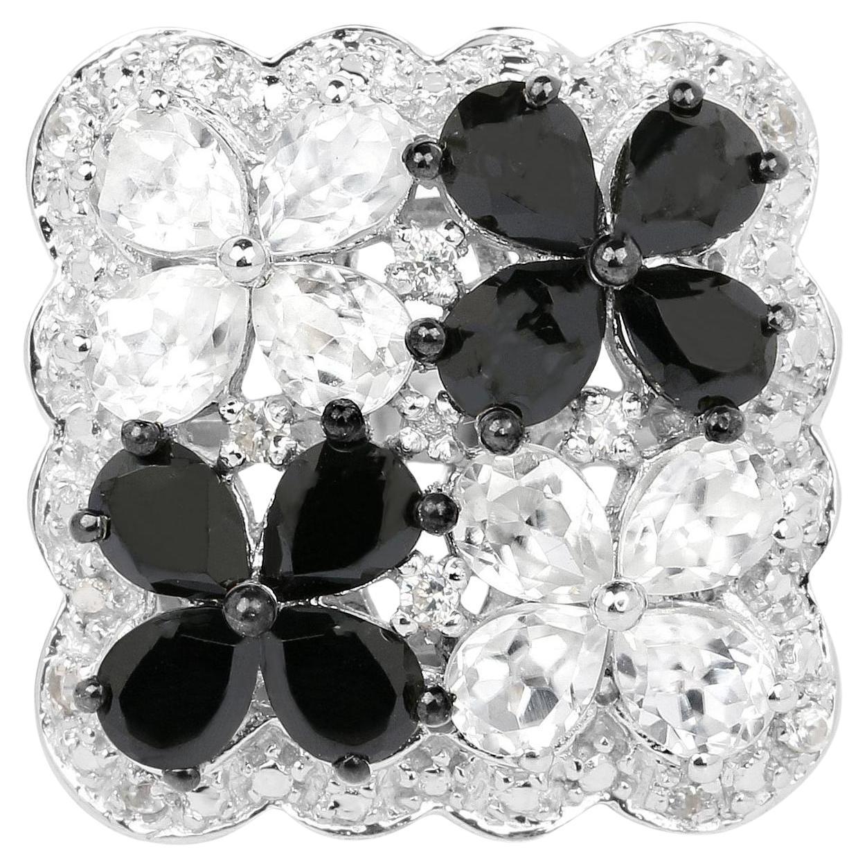 Flower Ring Black Spinels White Topazes 2.86 Carats Sterling Silver For Sale