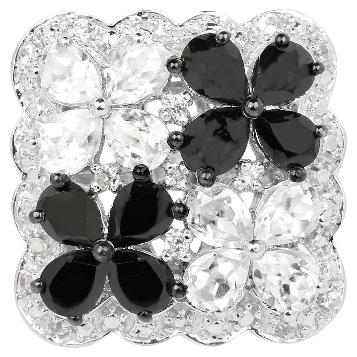 Flower Ring Black Spinels White Topazes 2.86 Carats Sterling Silver For Sale