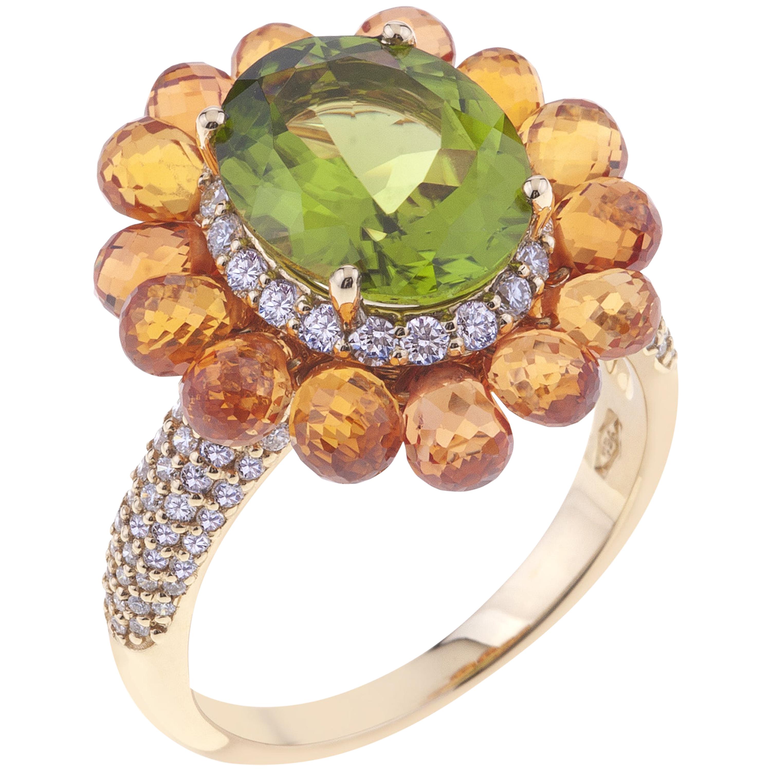 Flower Ring Gold with Oval Peridot, Orange Sapphires, and Diamonds