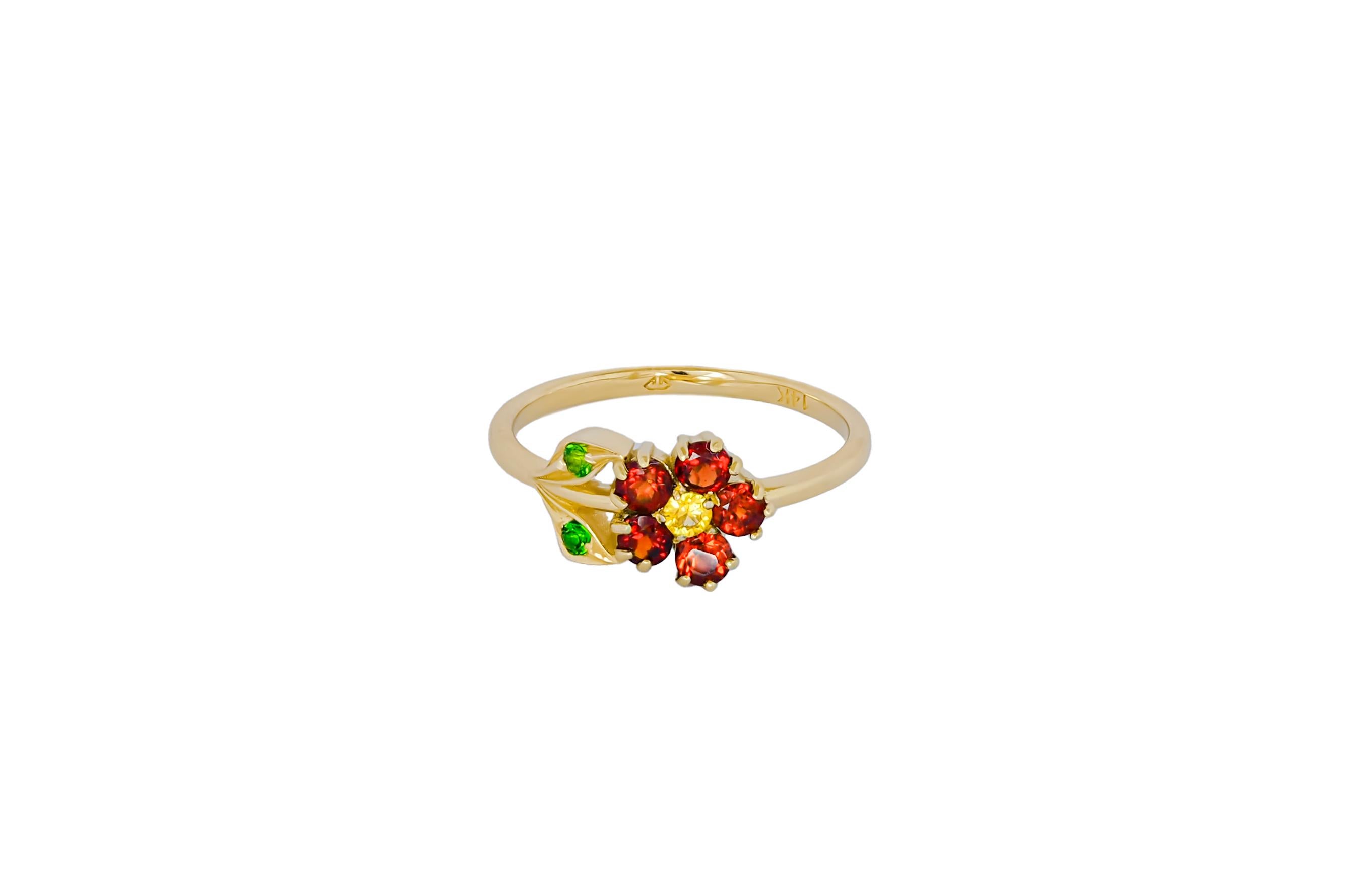Flower Ring in 14 Karat Gold, Sapphire, Garnet and Chrome Diopsides Ring.  For Sale 5