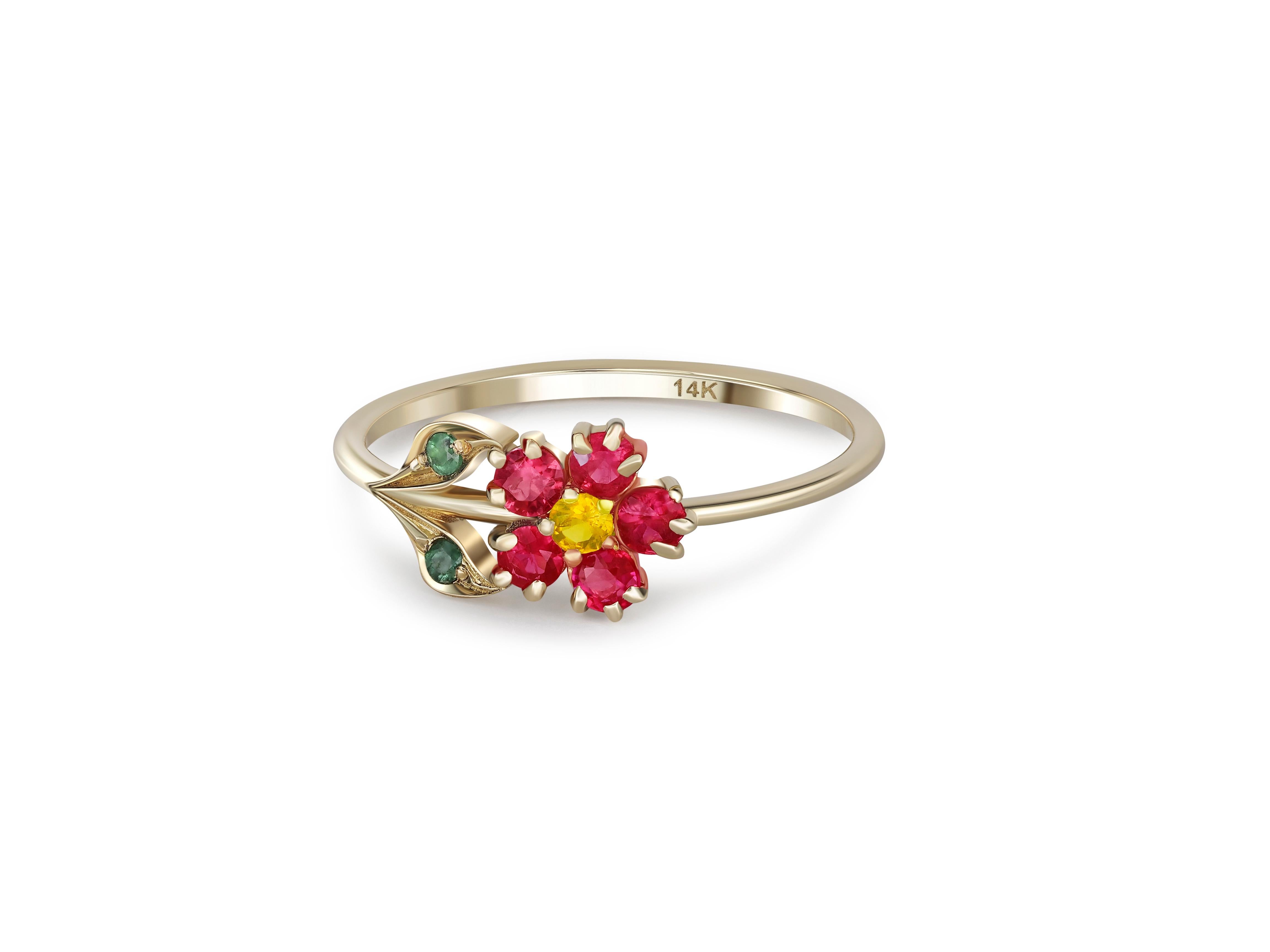 Flower Ring in 14 Karat Gold, Sapphire, Garnet and Chrome Diopsides Ring.  For Sale 6
