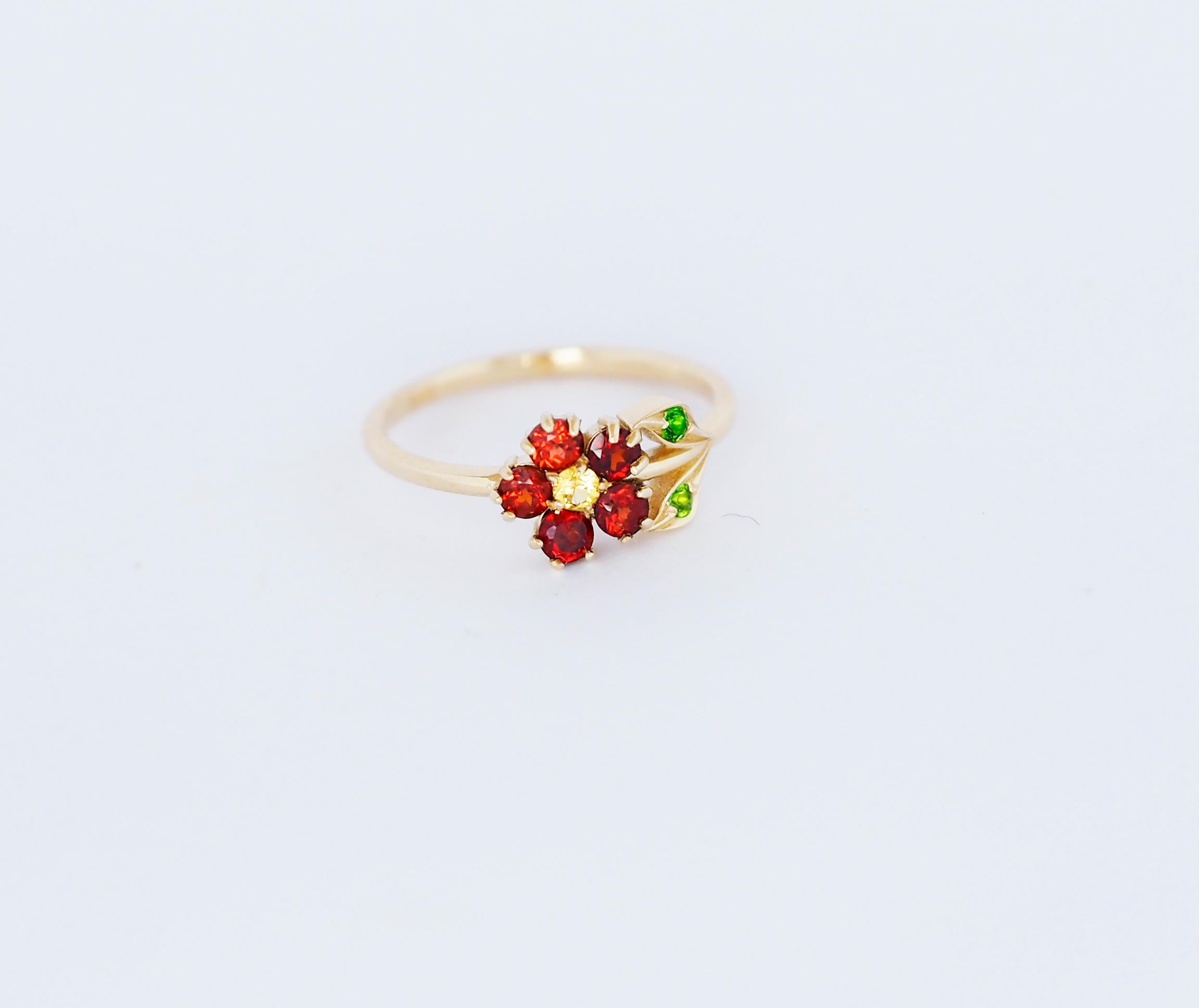 Modern Flower Ring in 14 Karat Gold, Sapphire, Garnet and Chrome Diopsides Ring.  For Sale