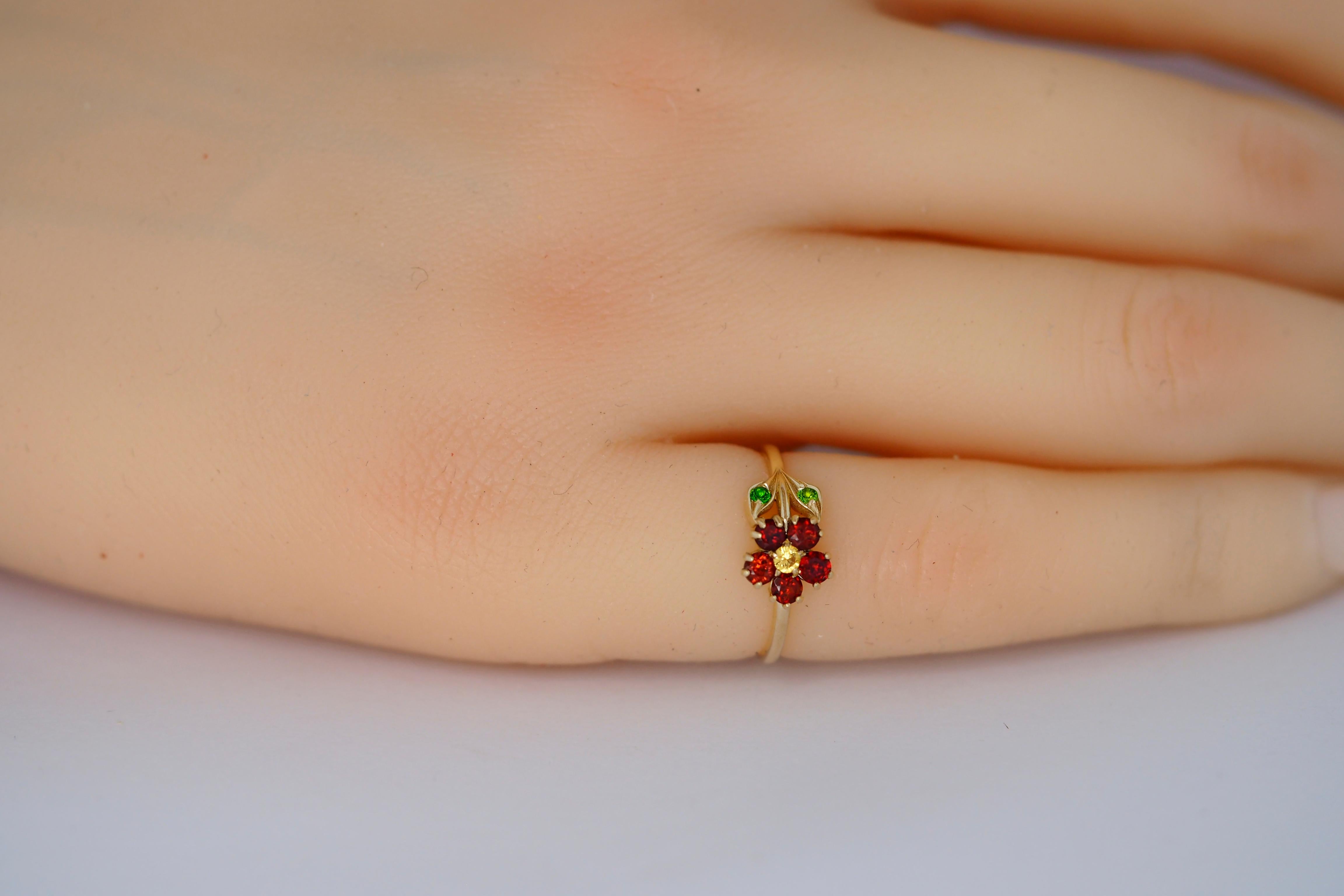 Oval Cut Flower Ring in 14 Karat Gold, Sapphire, Garnet and Chrome Diopsides Ring.  For Sale