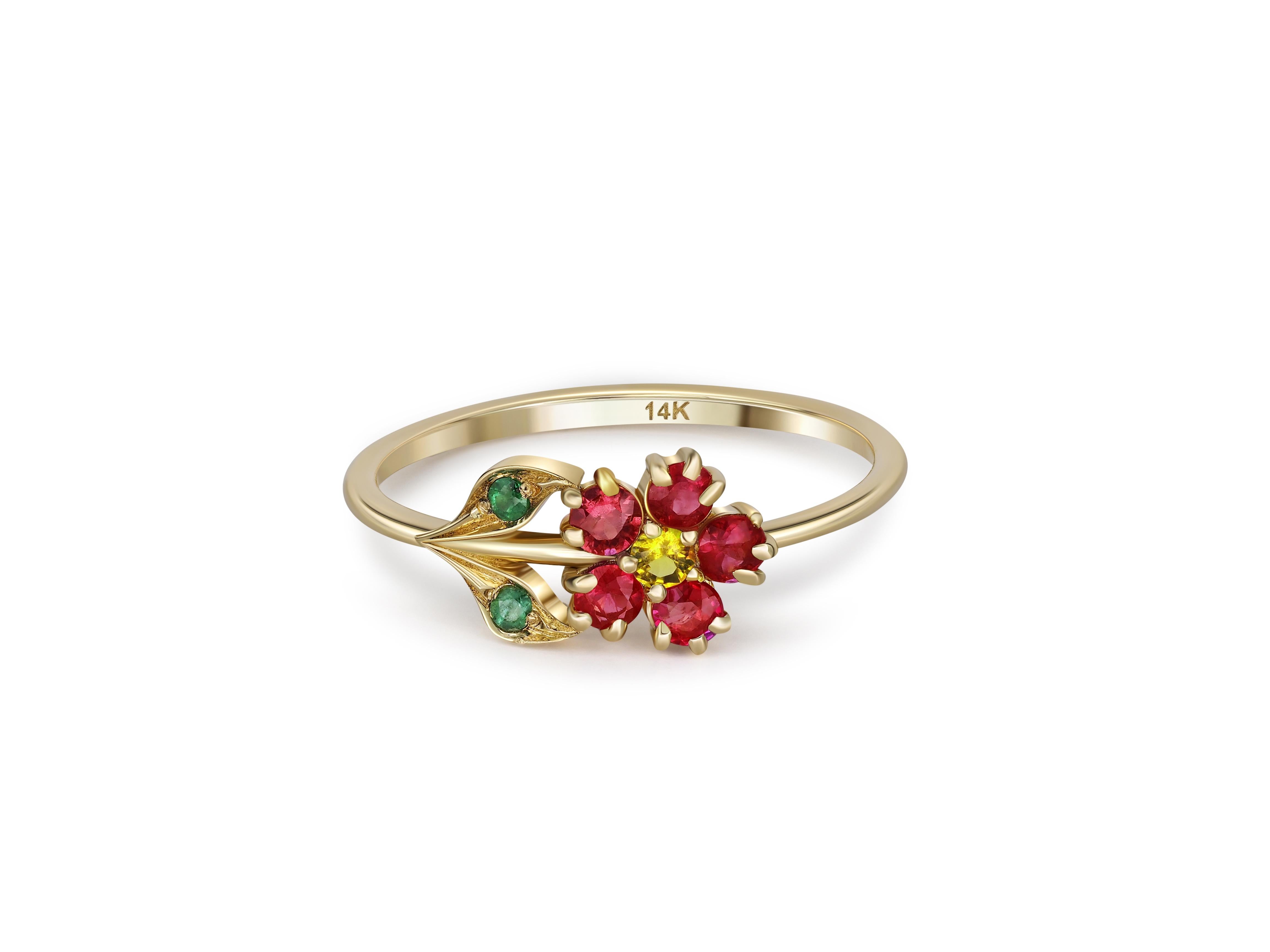 Flower Ring in 14 Karat Gold, Sapphire, Garnet and Chrome Diopsides Ring.  For Sale 1