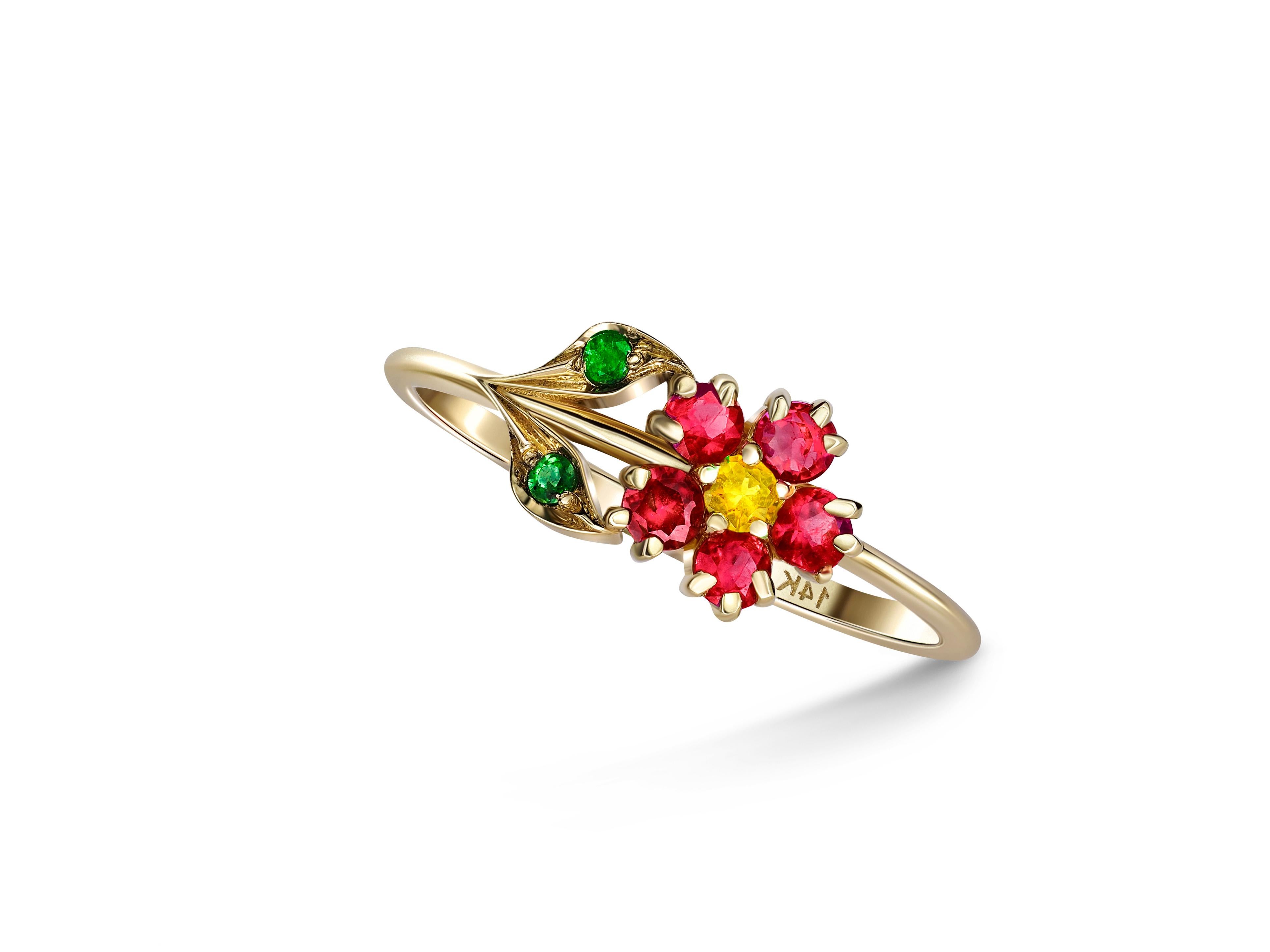 Flower Ring in 14 Karat Gold, Sapphire, Garnet and Chrome Diopsides Ring.  For Sale 2