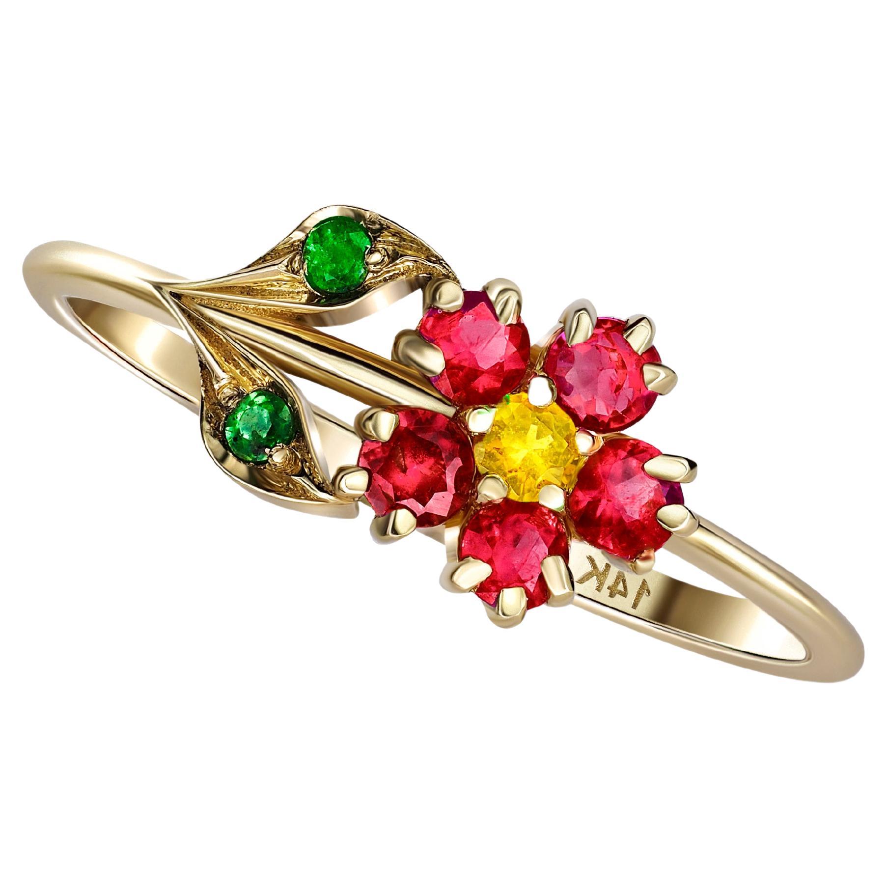 Flower Ring in 14 Karat Gold, Sapphire, Garnet and Chrome Diopsides Ring. 