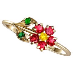 Flower Ring in 14 Karat Gold, Sapphire, Garnet and Chrome Diopsides Ring. 