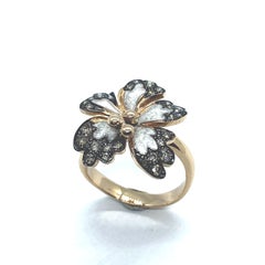 Brown Diamonds Flower Ring 18 Carat Rose Gold and White Enamel Petals