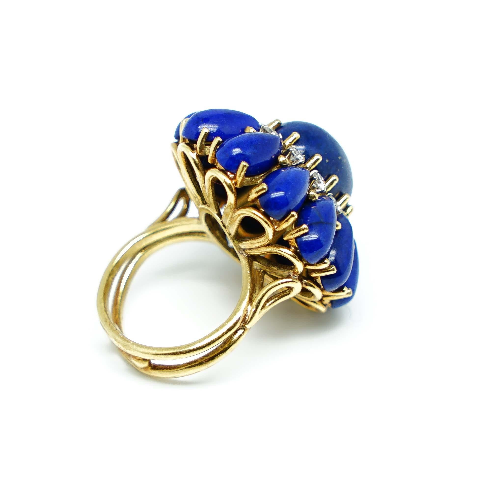 Aesthetic Movement Flower Ring with Intense Blue Lapis Cabochon and Diamonds in Gold 18 Karats  For Sale
