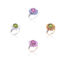 Flower Ring White Gold with Oval Pink Topaz, Blue Sapphires, Diamonds