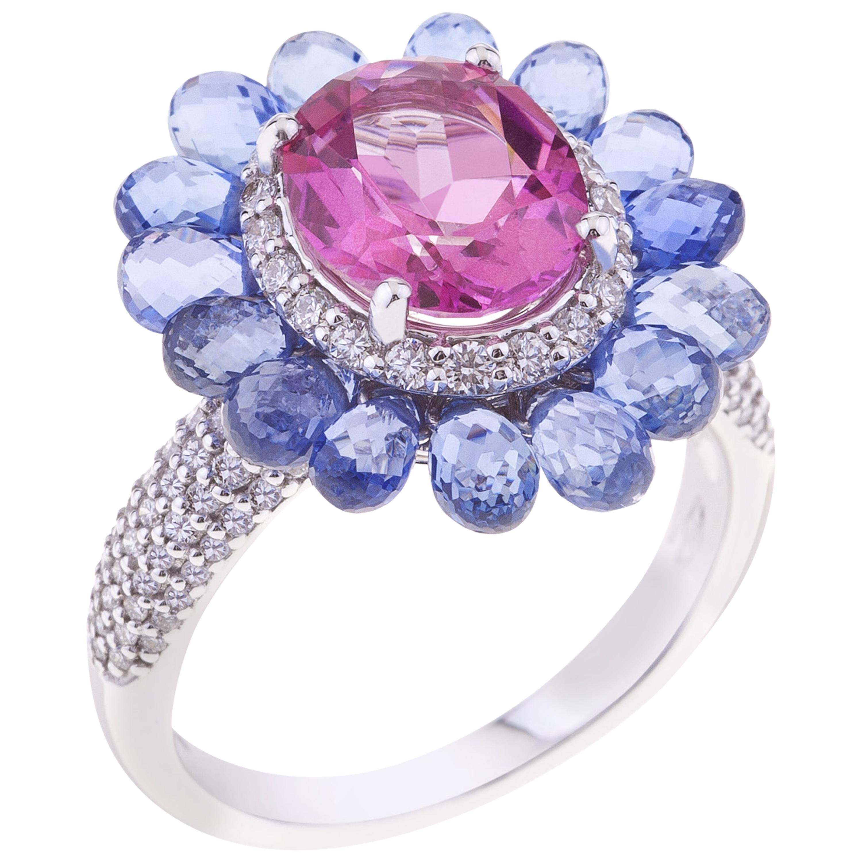 Flower Ring White Gold with Oval Pink Topaz, Blue Sapphires, Diamonds