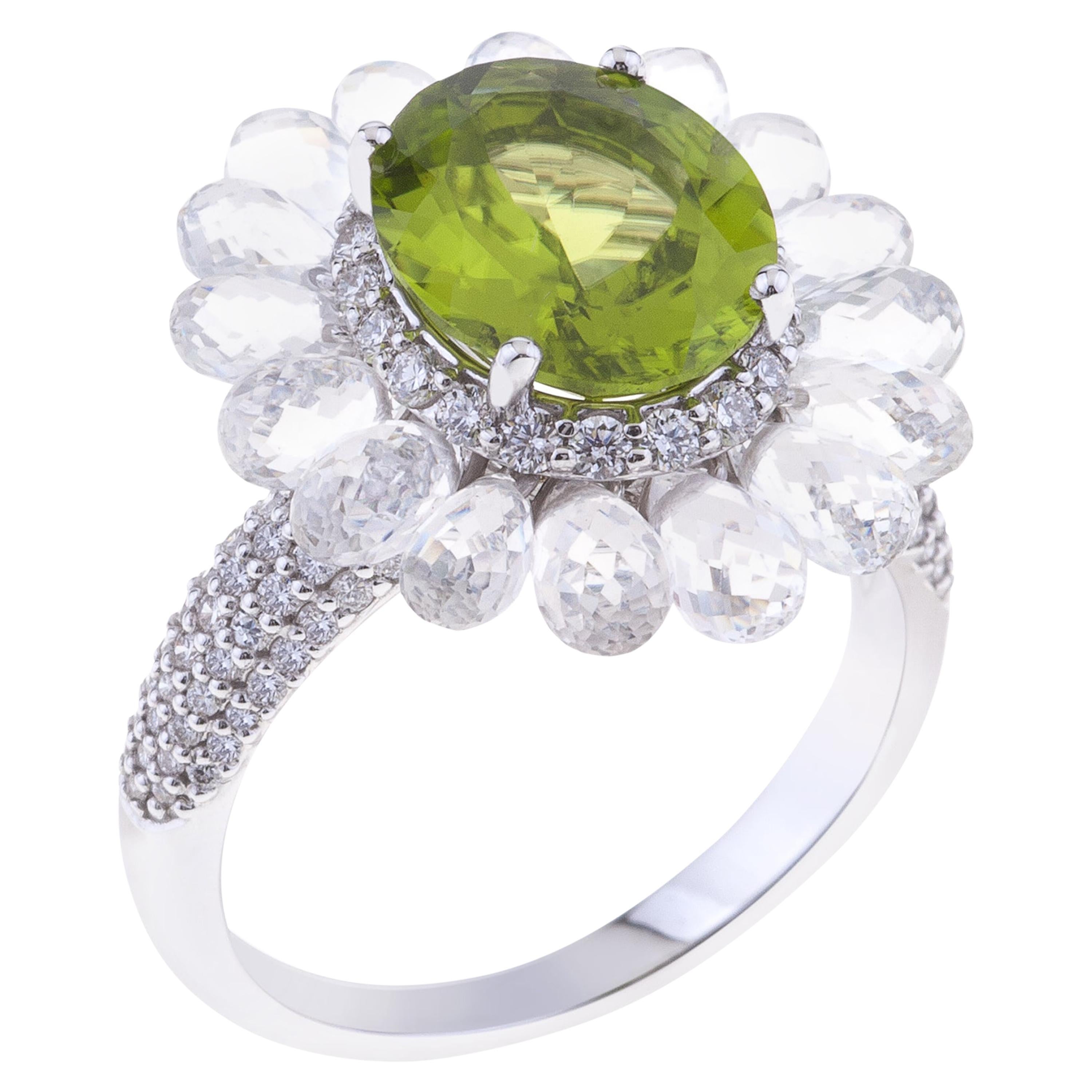 Flower Ring White Gold with Unique White Sapphires, Oval Peridot, Diamonds