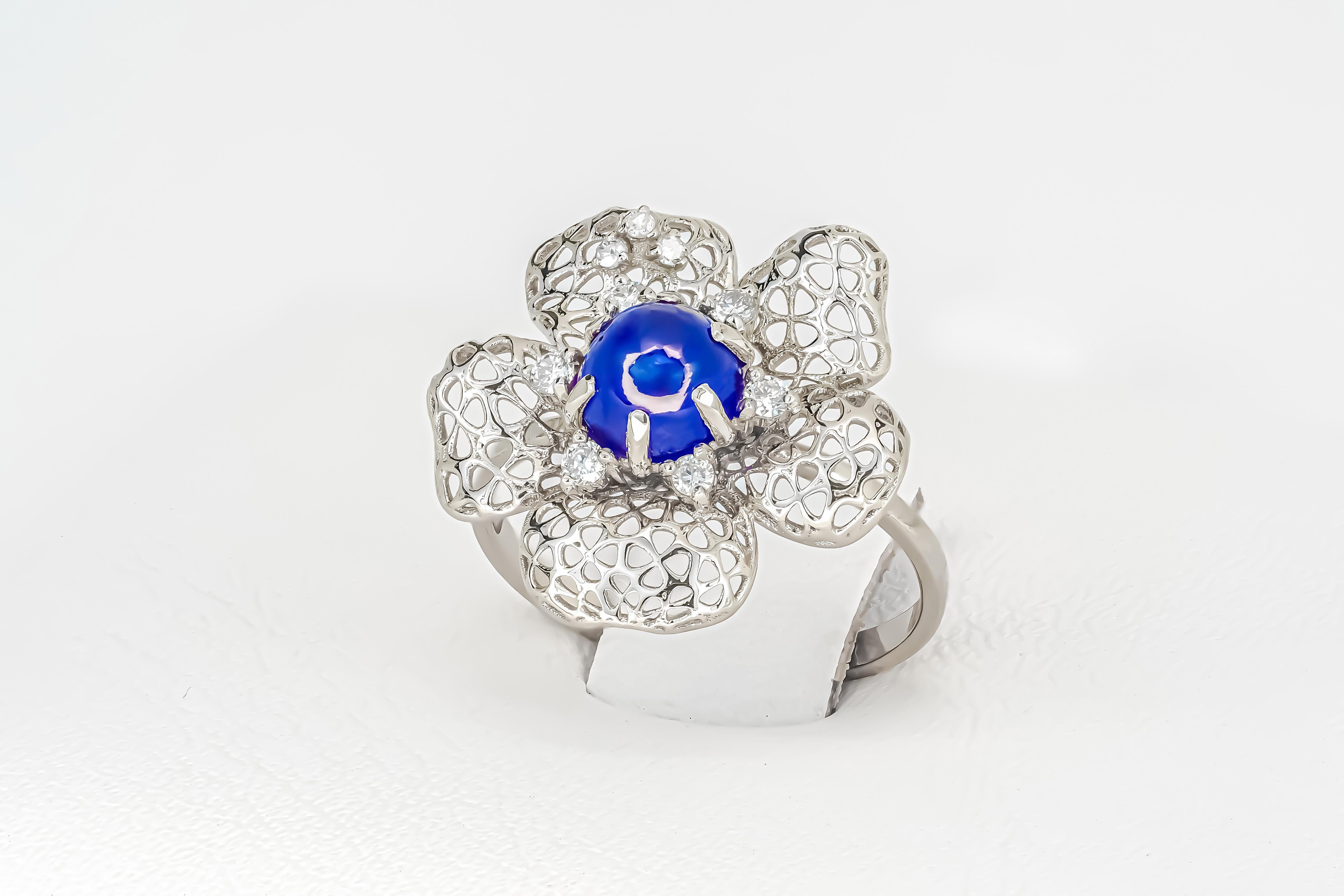 Flower ring with blue sapphire cabohon in 14k gold For Sale 2