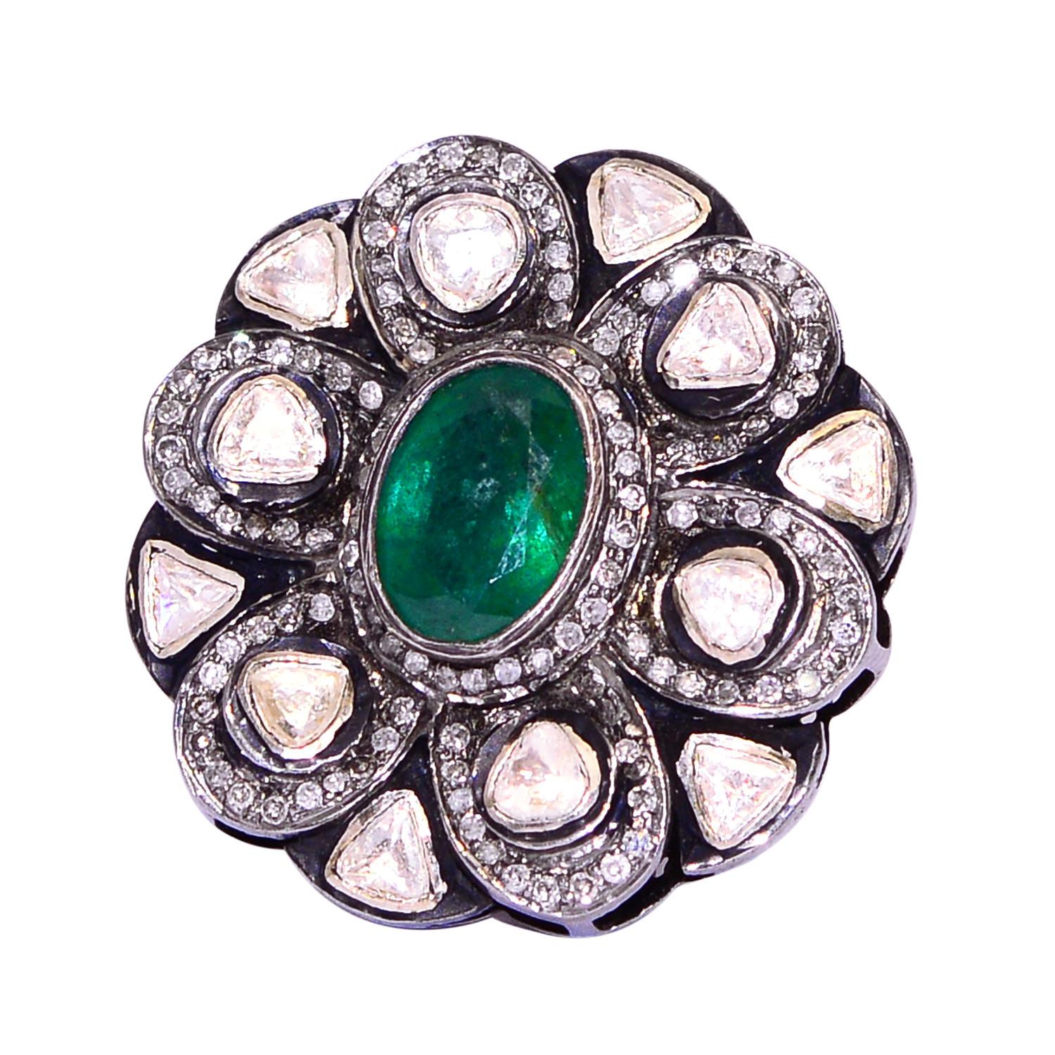 Early Victorian Flower Ring with Diamonds and Emerald in Center in Silver