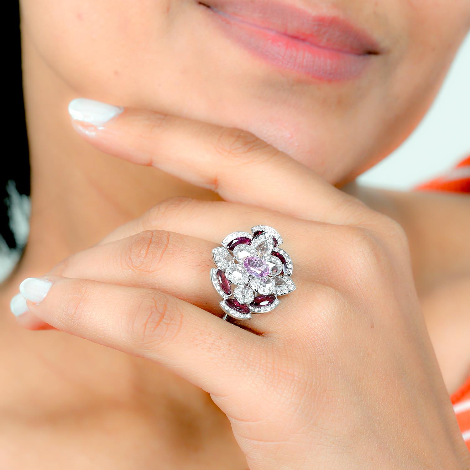 Art Deco Flower Ring with Marquise Rhodolite on Border and Oval Pink Sapphire on Center For Sale