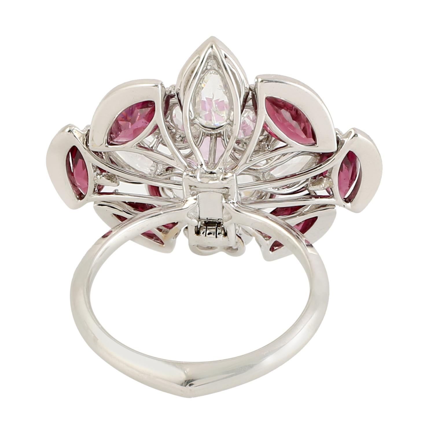 Mixed Cut Flower Ring with Marquise Rhodolite on Border and Oval Pink Sapphire on Center For Sale