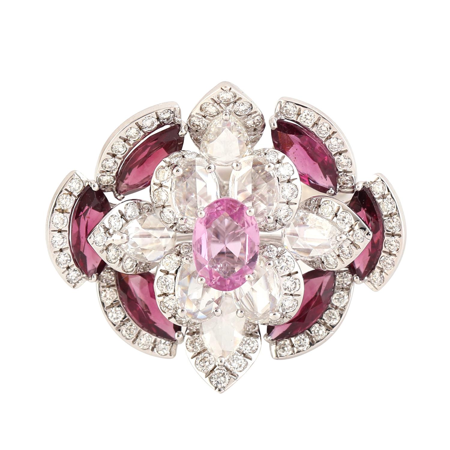 Women's Flower Ring with Marquise Rhodolite on Border and Oval Pink Sapphire on Center For Sale