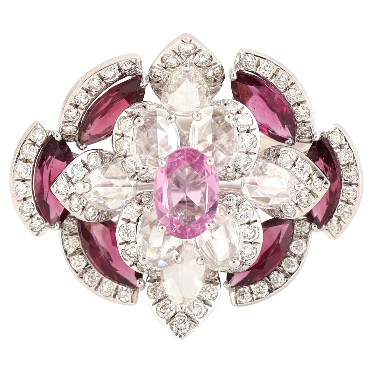 Flower Ring with Marquise Rhodolite on Border and Oval Pink Sapphire on Center For Sale