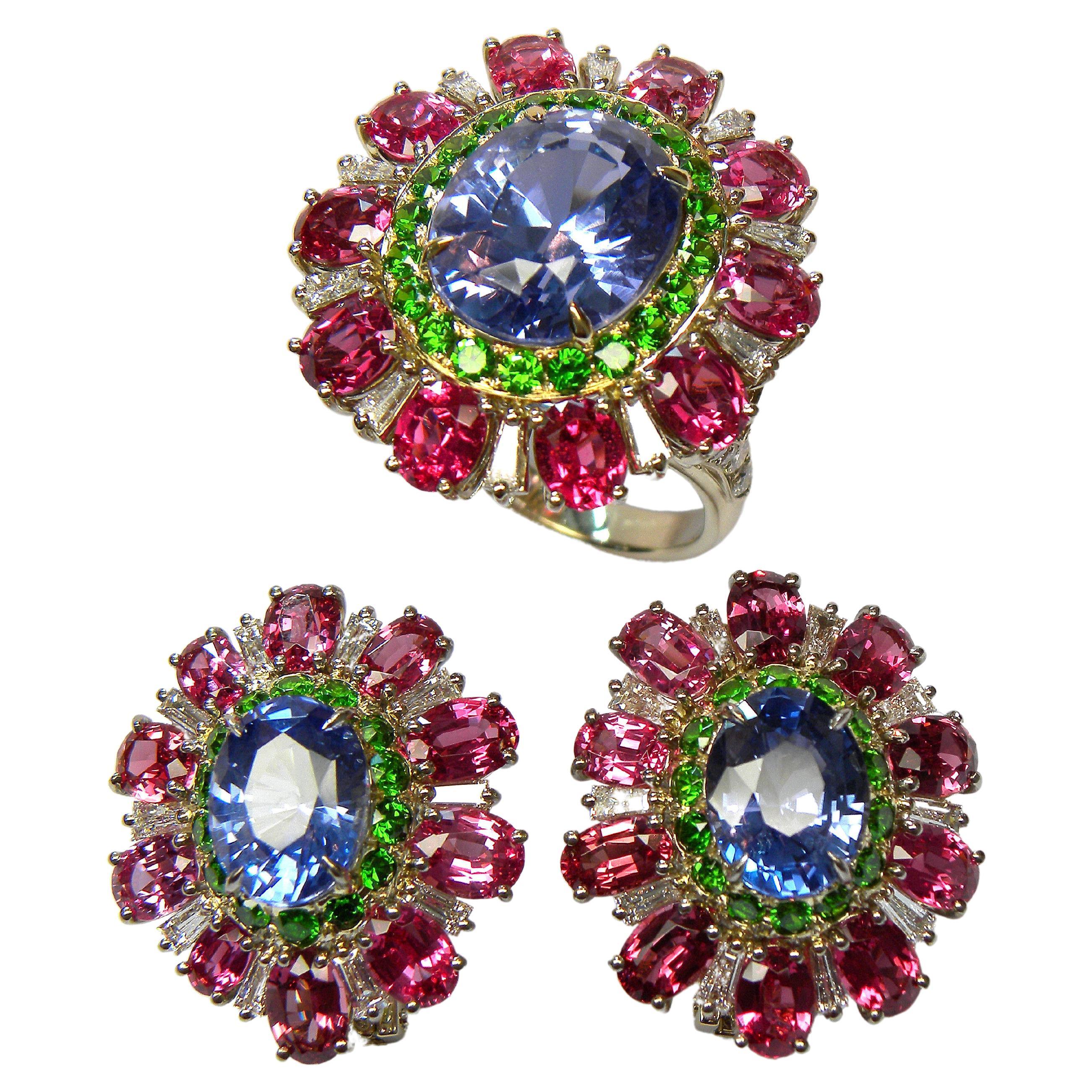 Flower Set of Ring and Earrings with natural  Sapphire, emeralds and Spinels 