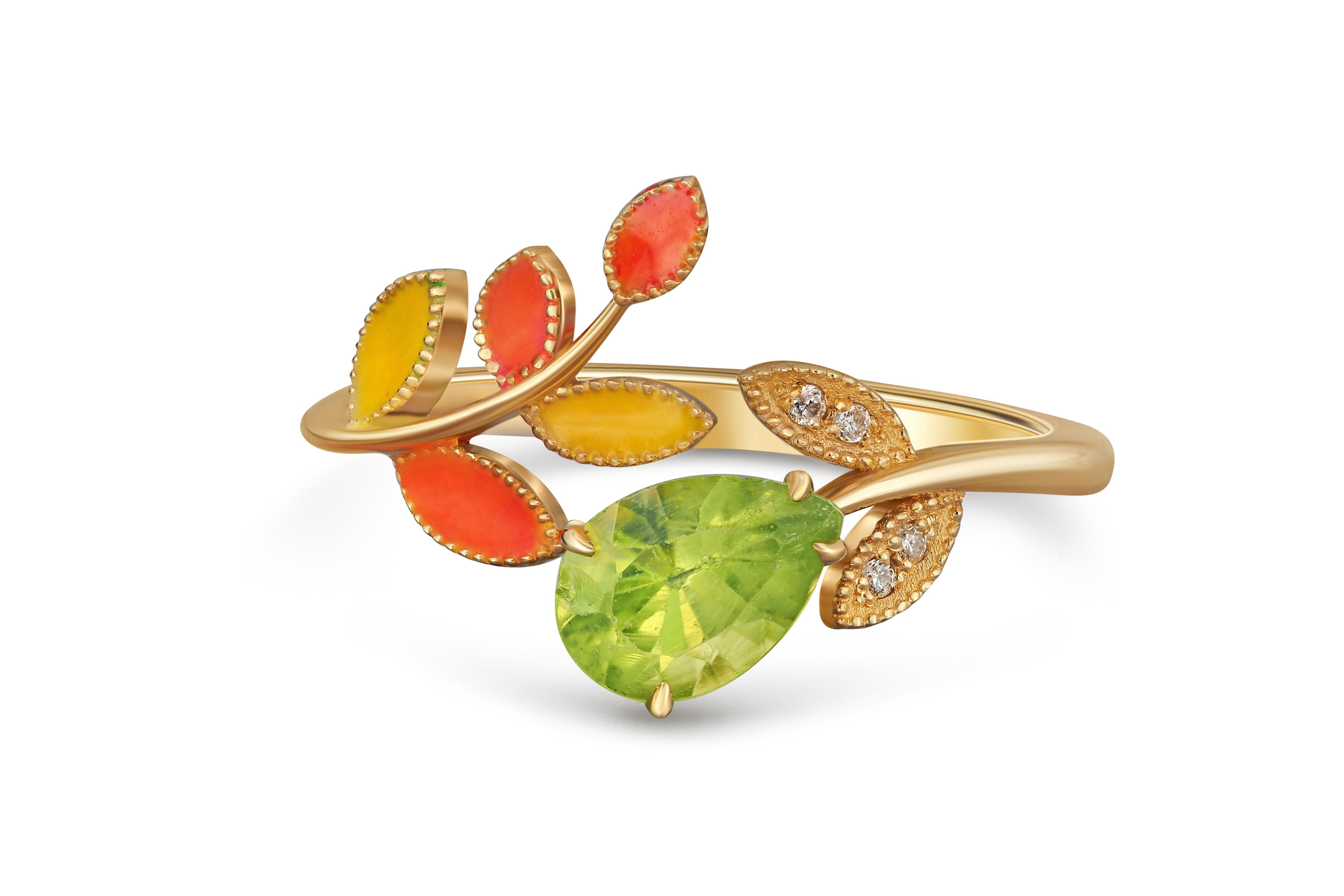 Flower ring with peridot. 
Pear peridot 14k gold ring. Open ended ring. August birthstone ring. Vintage enamel peridot ring. Gold leaves ring.

Metal: 14k gold
Weight: 2.4 g. depends from size.

Set with peridot:
Pear shape, approx 0.9 ct (7.5x5.5