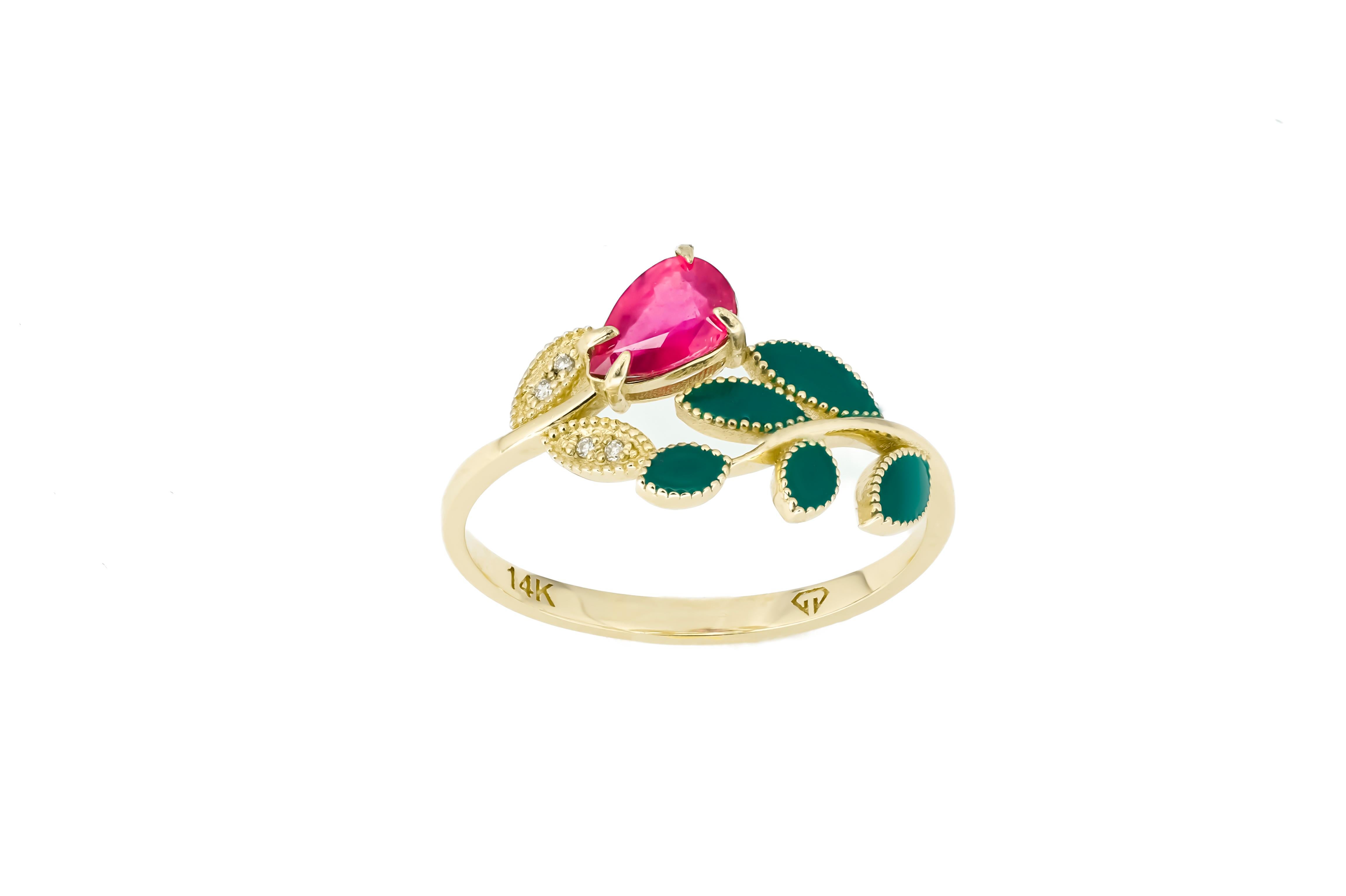 Flower ring with ruby in 14k gold.  For Sale 2